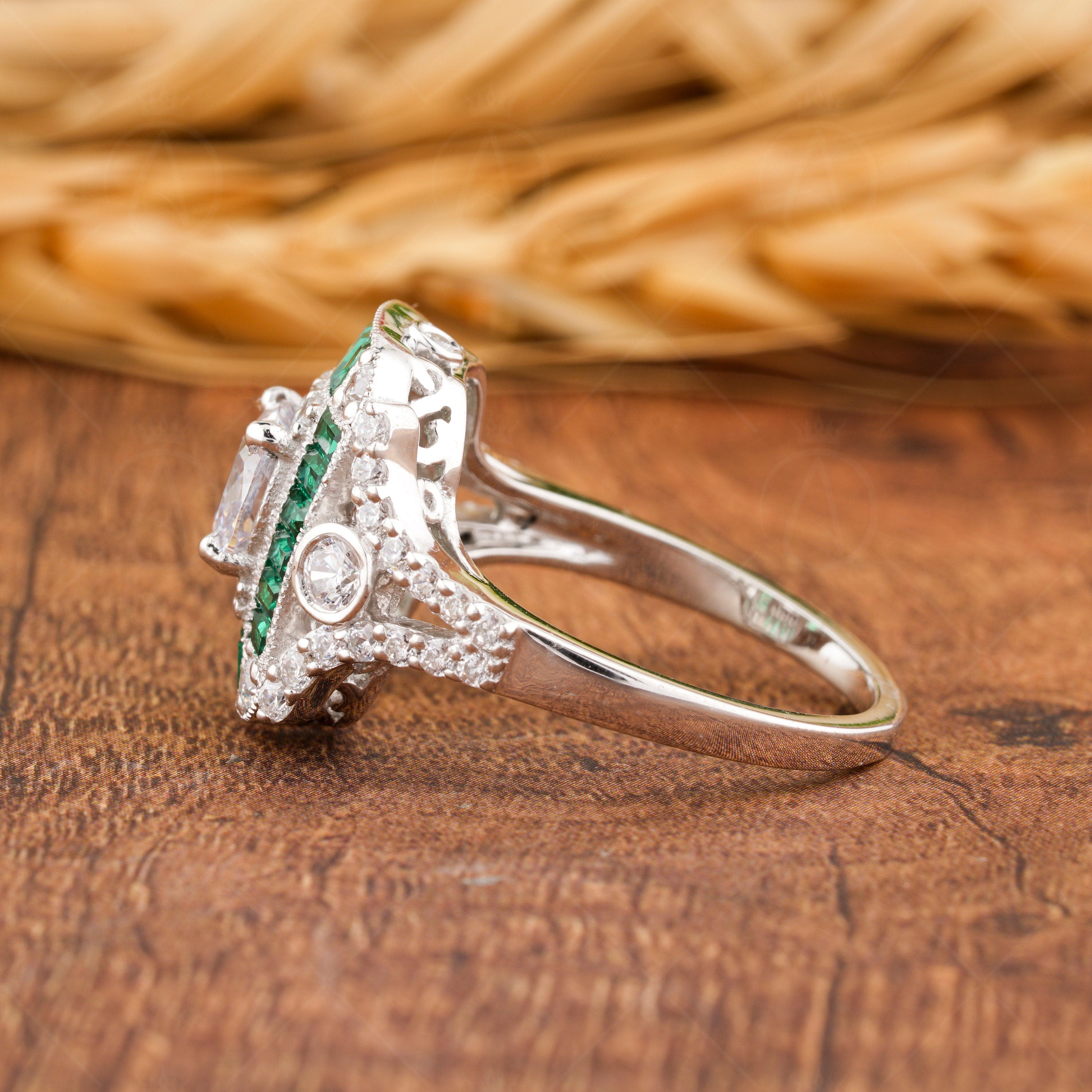 Emerald Estate Jewelry Rings For Women, Antique Emerald Halo Engagement Ring, Art Deco Vintage Ring, Unique Moissanite Promise Ring For Her