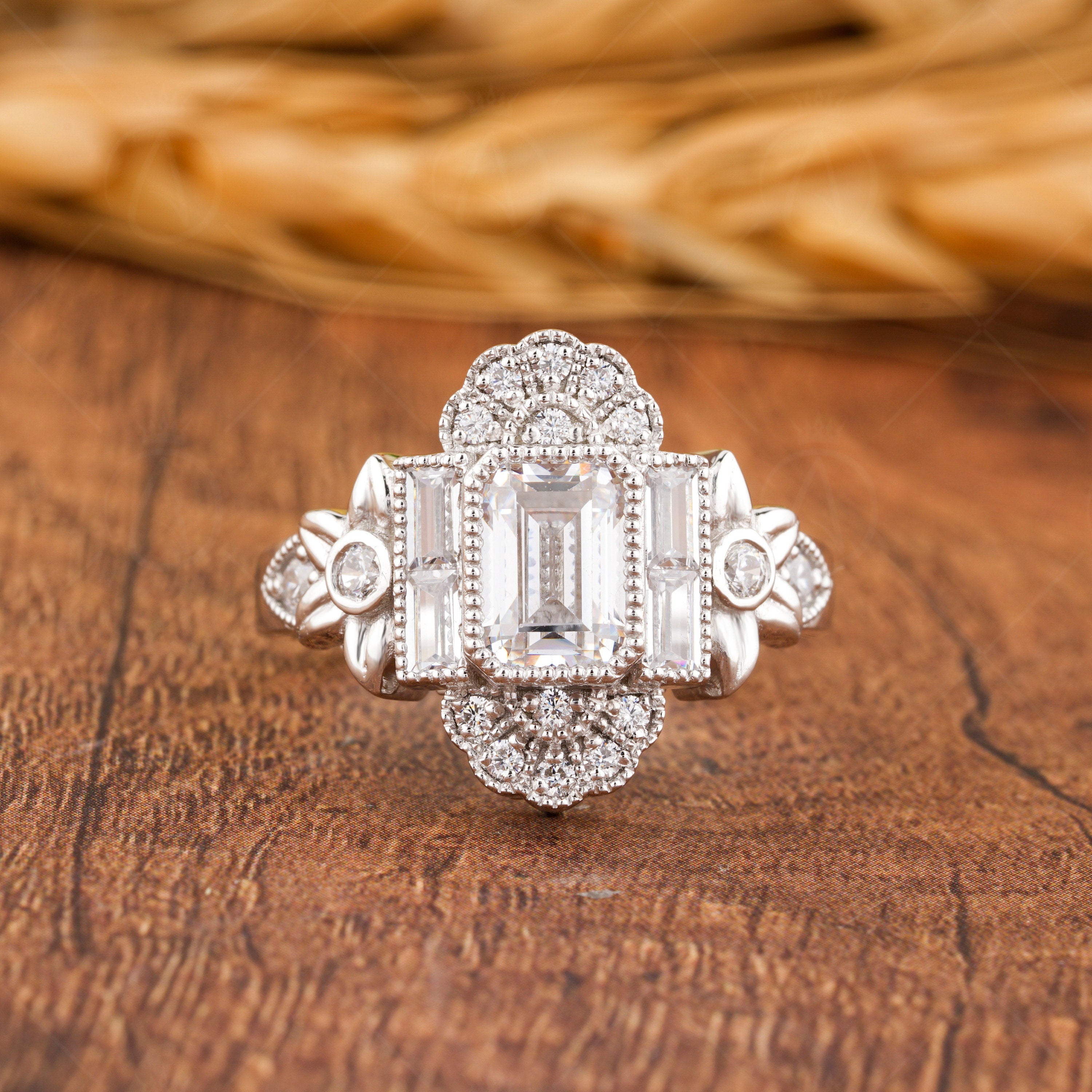 Flower Style Moissanite Ring, Nature Inspired Engagement Ring, Emerald Cut Art Deco Ring, Vintage Milgrain Ring, Floral Bezel Set Ring Women