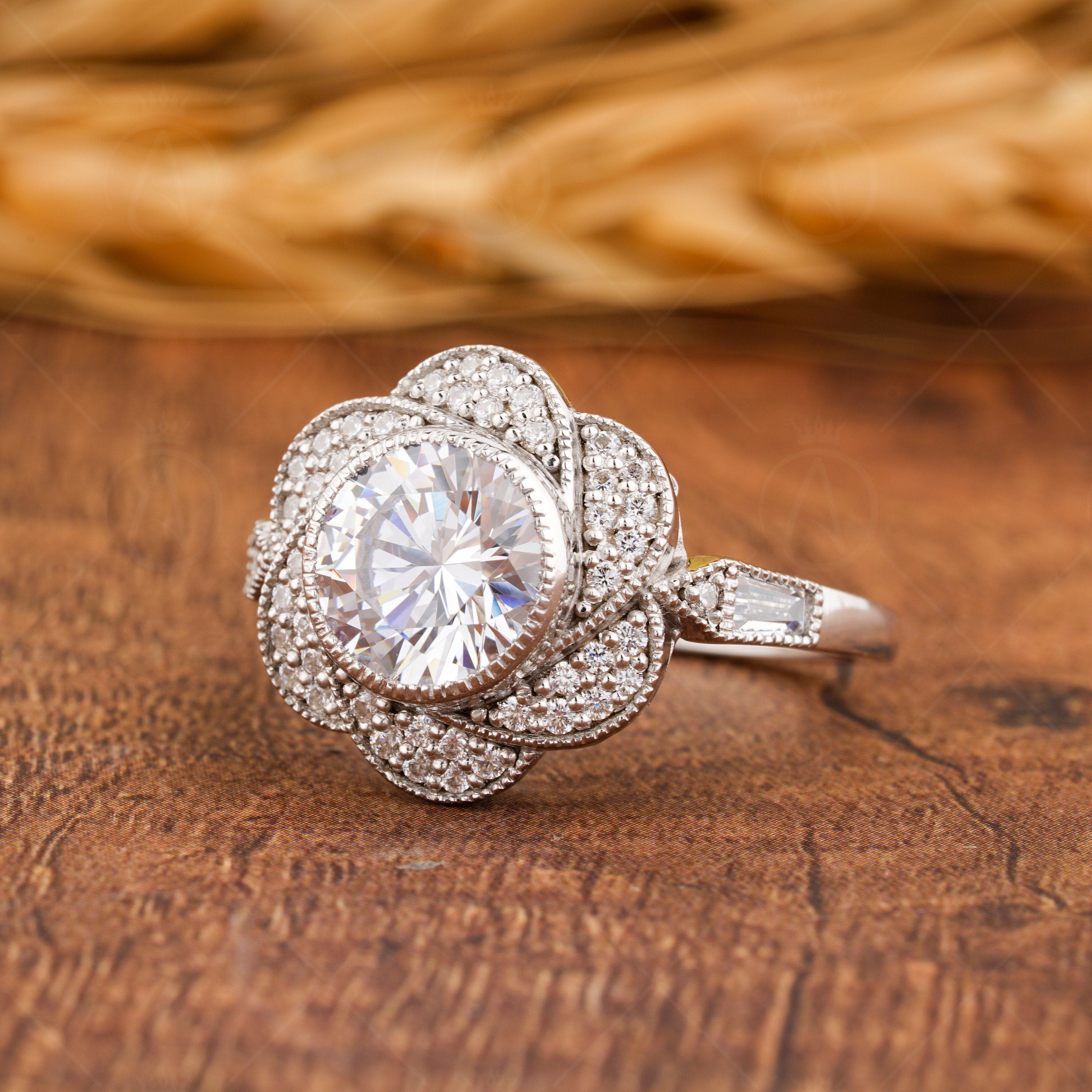 Flower Moissanite Engagement Ring, Floral Nature Inspired Ring, Art Deco Milgrain Ring, Bezel Set Round Ring, Antique Wedding Ring