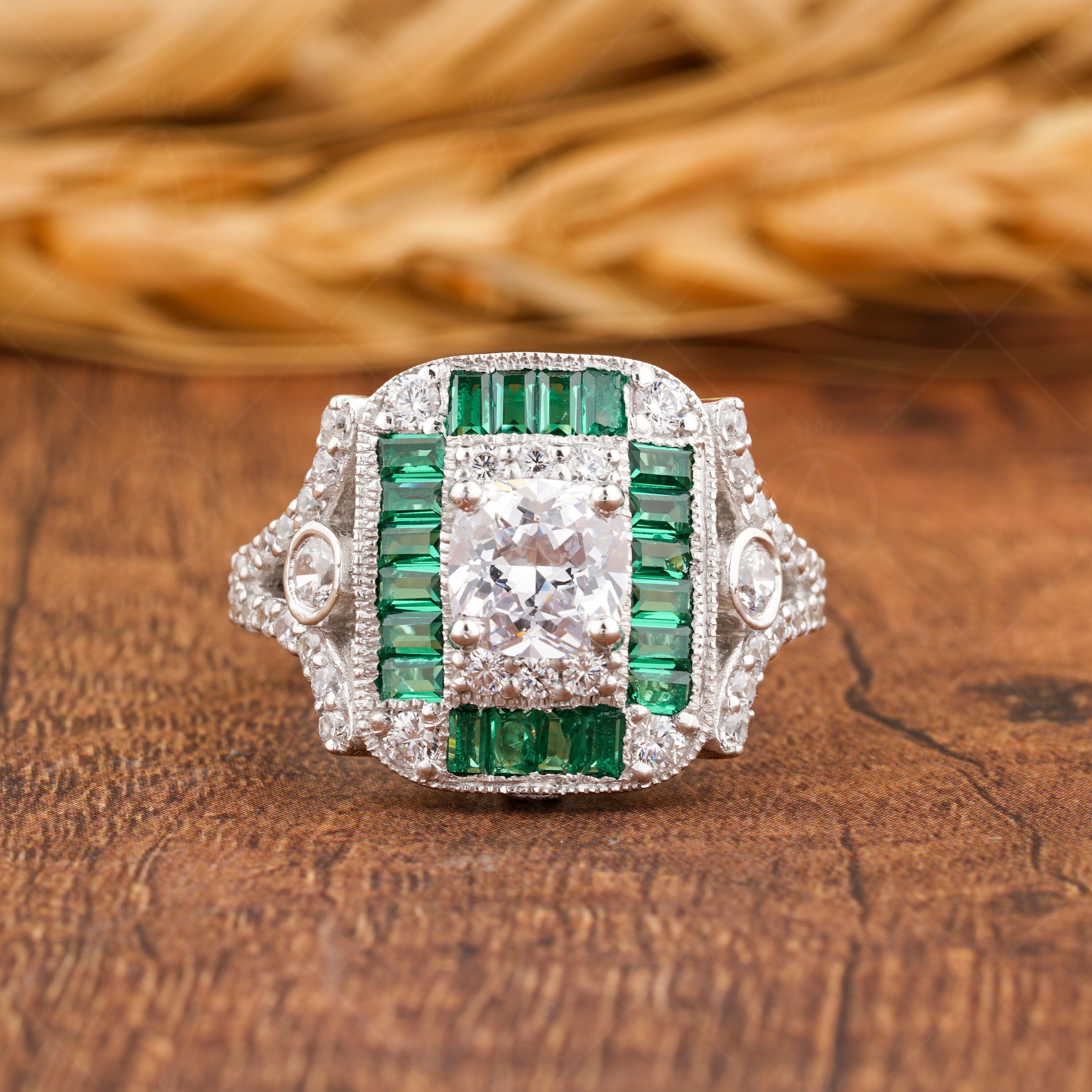 Emerald Estate Jewelry Rings For Women, Antique Emerald Halo Engagement Ring, Art Deco Vintage Ring, Unique Moissanite Promise Ring For Her