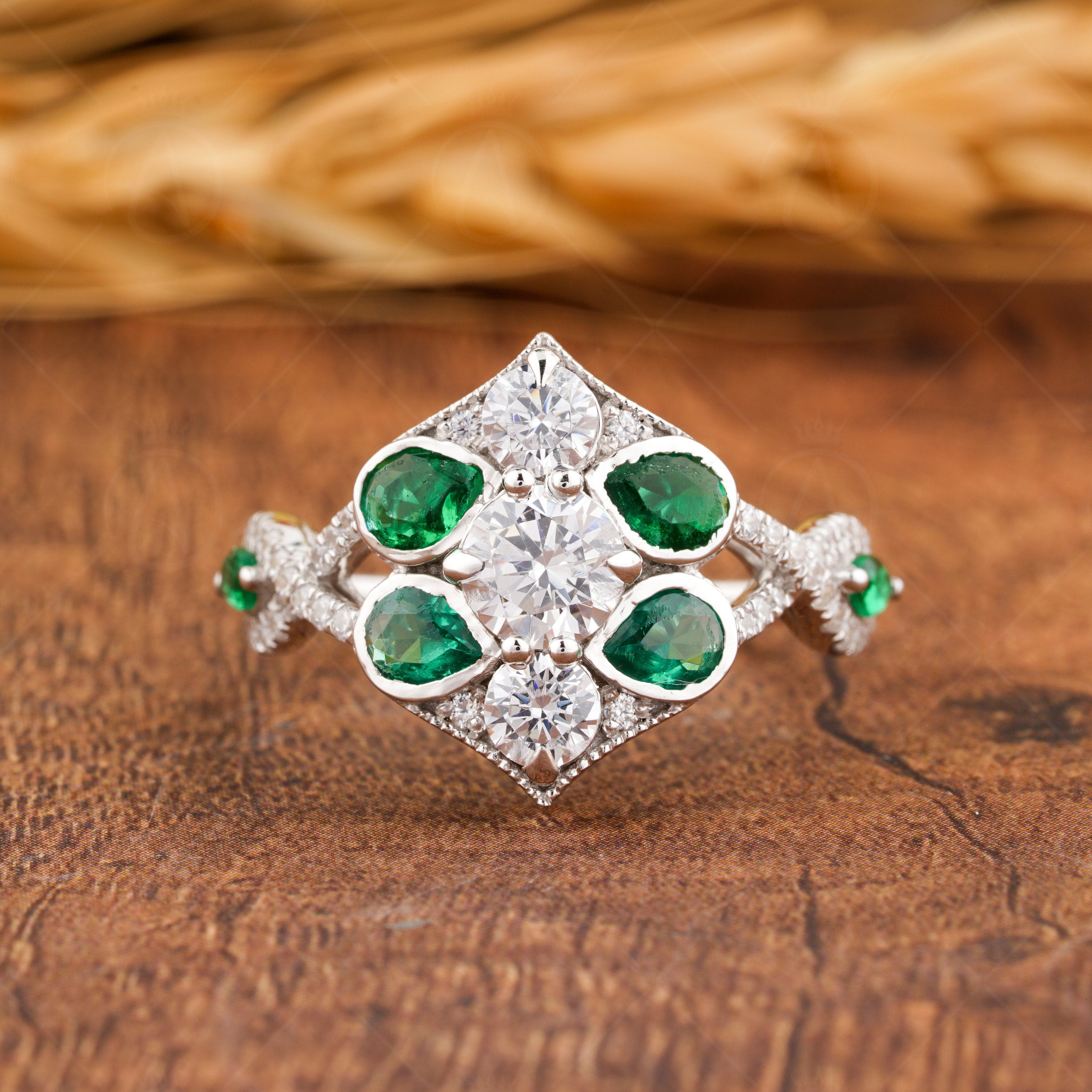 Green Emerald And Moissanite Art Deco Ring, Unique Vintage Ring, Cluster Engagement Ring For Women, Estate Jewelry Ring, Gold Nature Leaf Ring