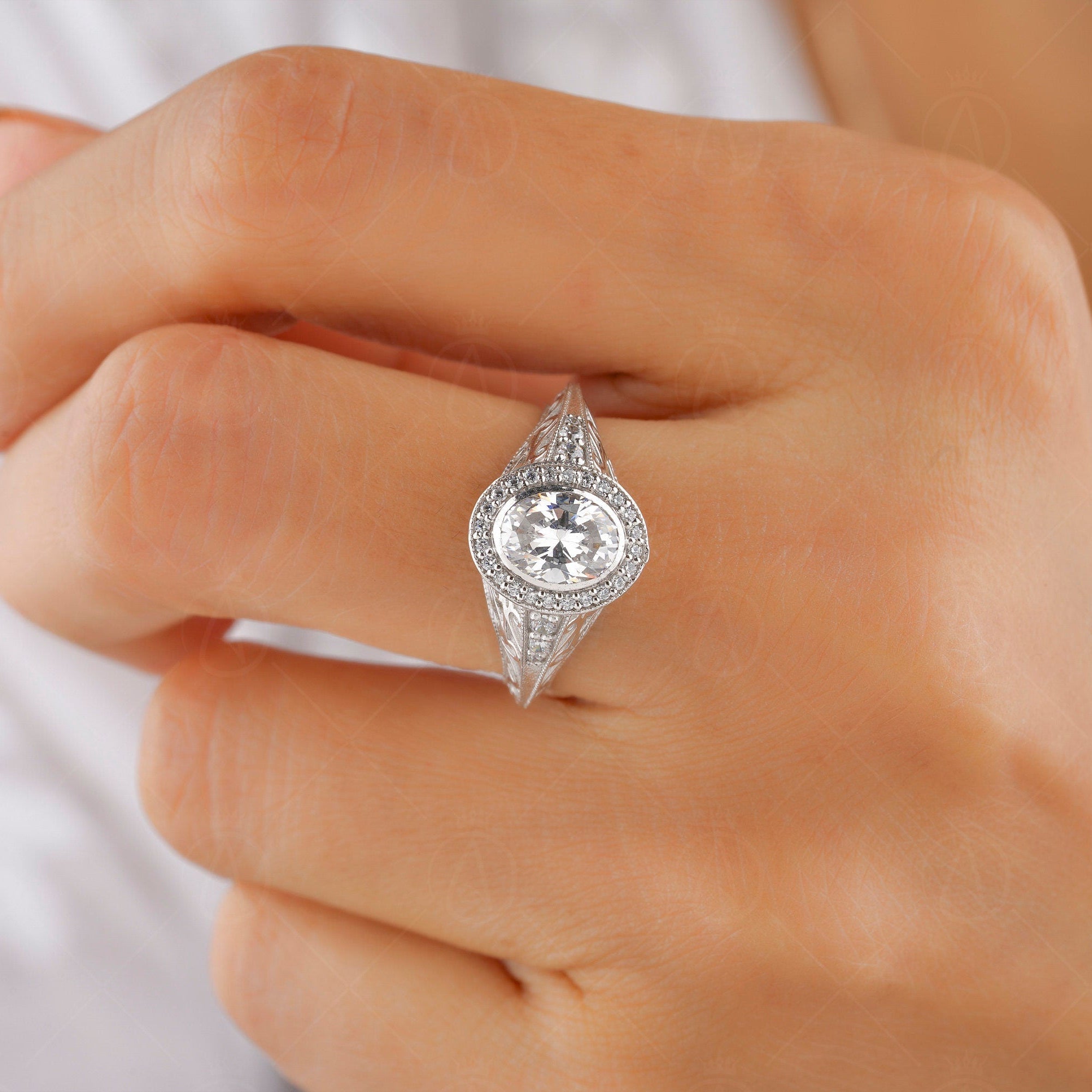 Edwardian Moissanite Engagement Ring, Bezel Set Oval Halo Ring, Antique Carving Ring, Art Deco Vintage Ring, 1920s Style Promise Ring Women