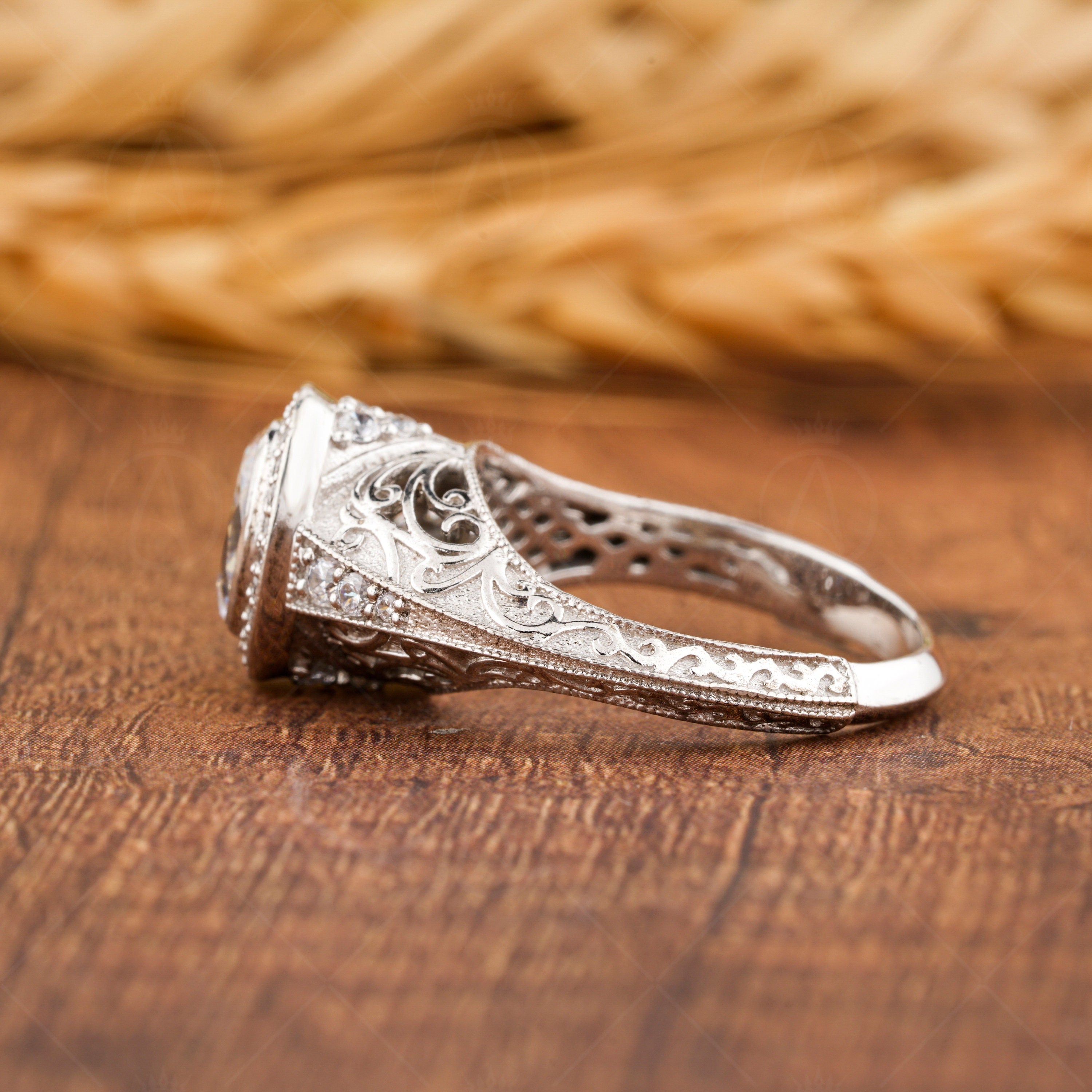Edwardian Carving Bezel Set Oval Halo Engagement Ring
