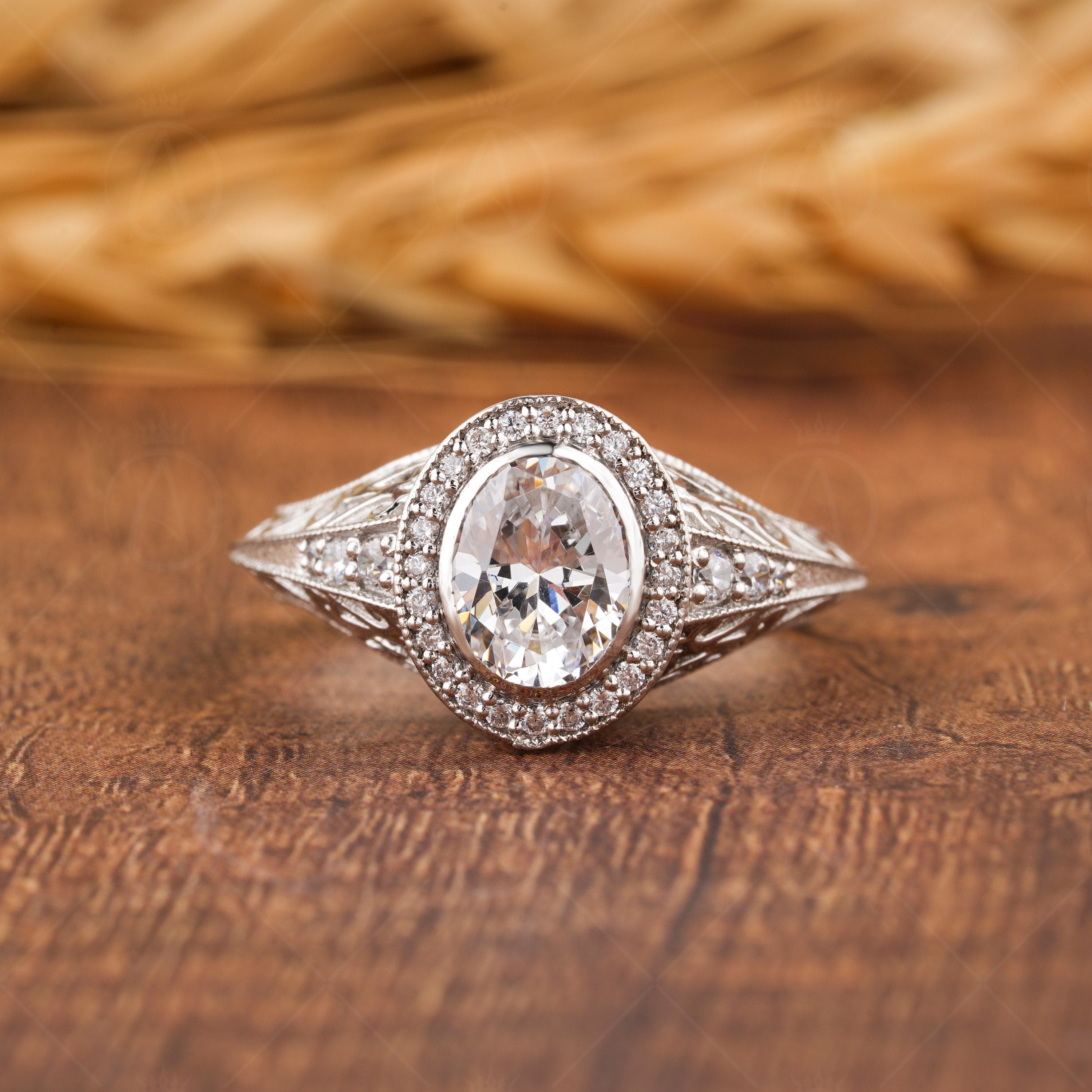 Edwardian Moissanite Engagement Ring, Bezel Set Oval Halo Ring, Antique Carving Ring, Art Deco Vintage Ring, 1920s Style Promise Ring Women
