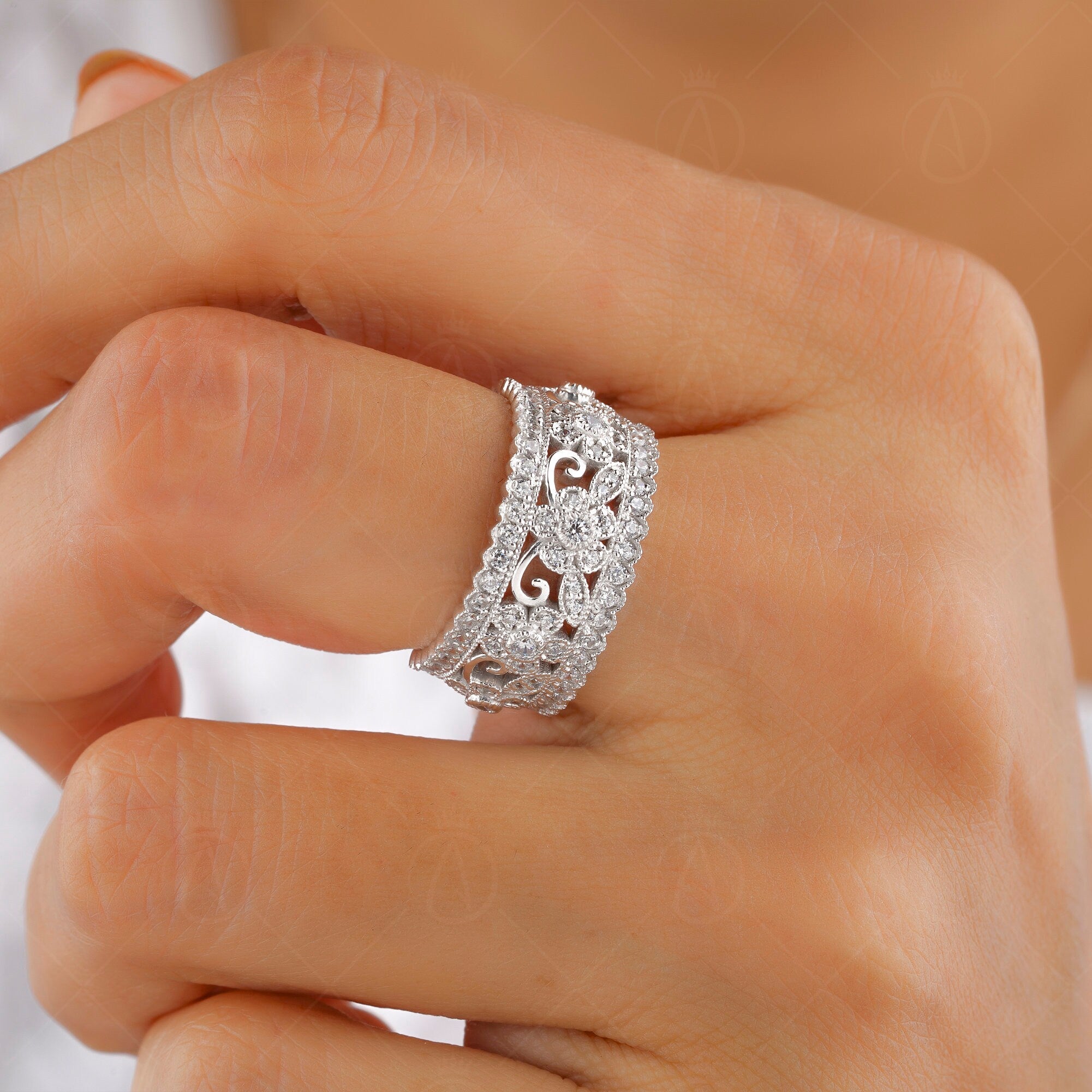 Floral Nature Inspired Rings For Women, Flower Milgrain Wedding Band, Leaf And Vine Wide Band, Unique Anniversary Band, Moissanite Band Ring