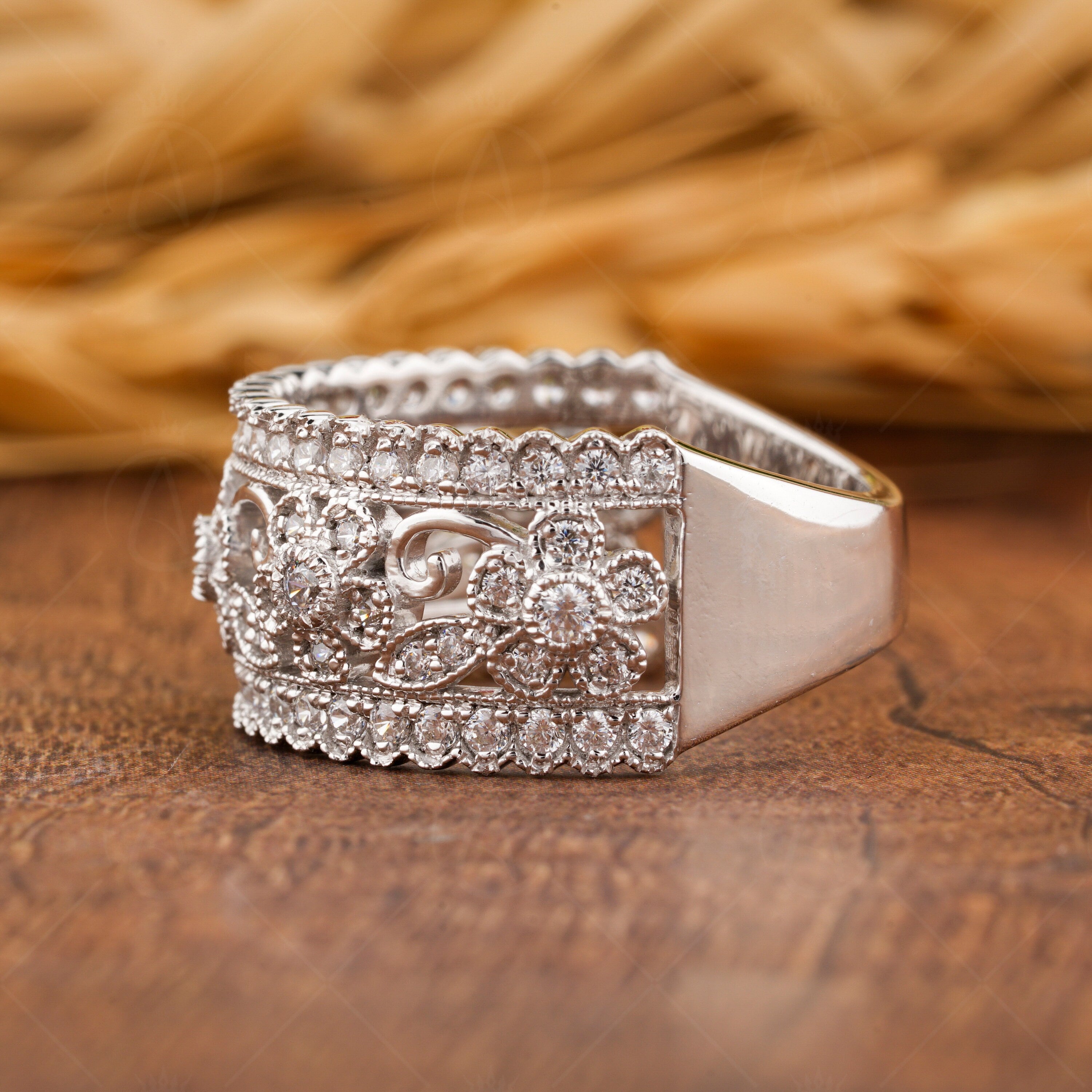 Floral Nature Inspired Rings For Women, Flower Milgrain Wedding Band, Leaf And Vine Wide Band, Unique Anniversary Band, Moissanite Band Ring