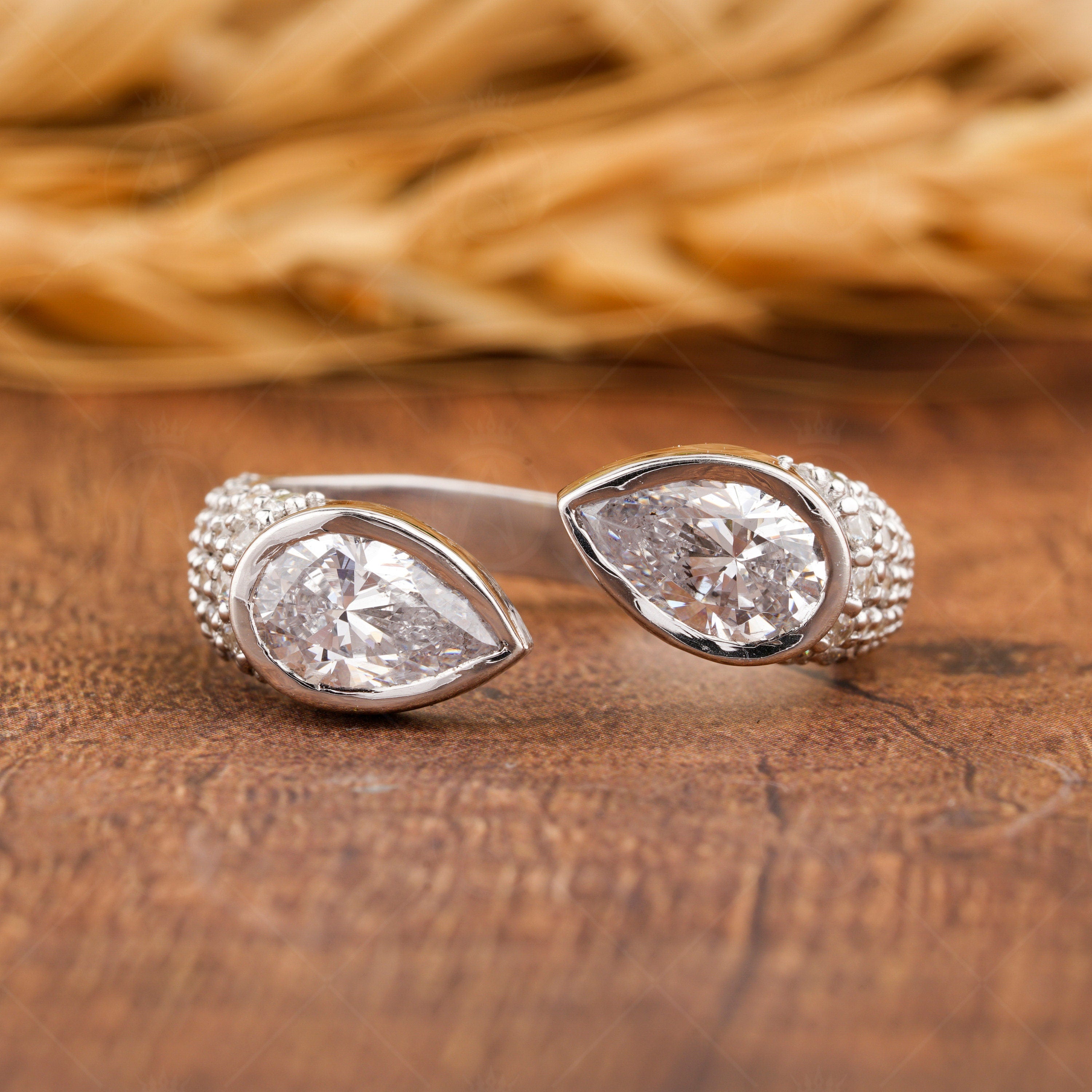 Vintage Toi Et Moi Ring, Bezel Set Pear Shaped Ring, Open Moissanite Ring, Teardrop Engagement Ring, Womens Micro Pave Ring, 14K Gold Ring