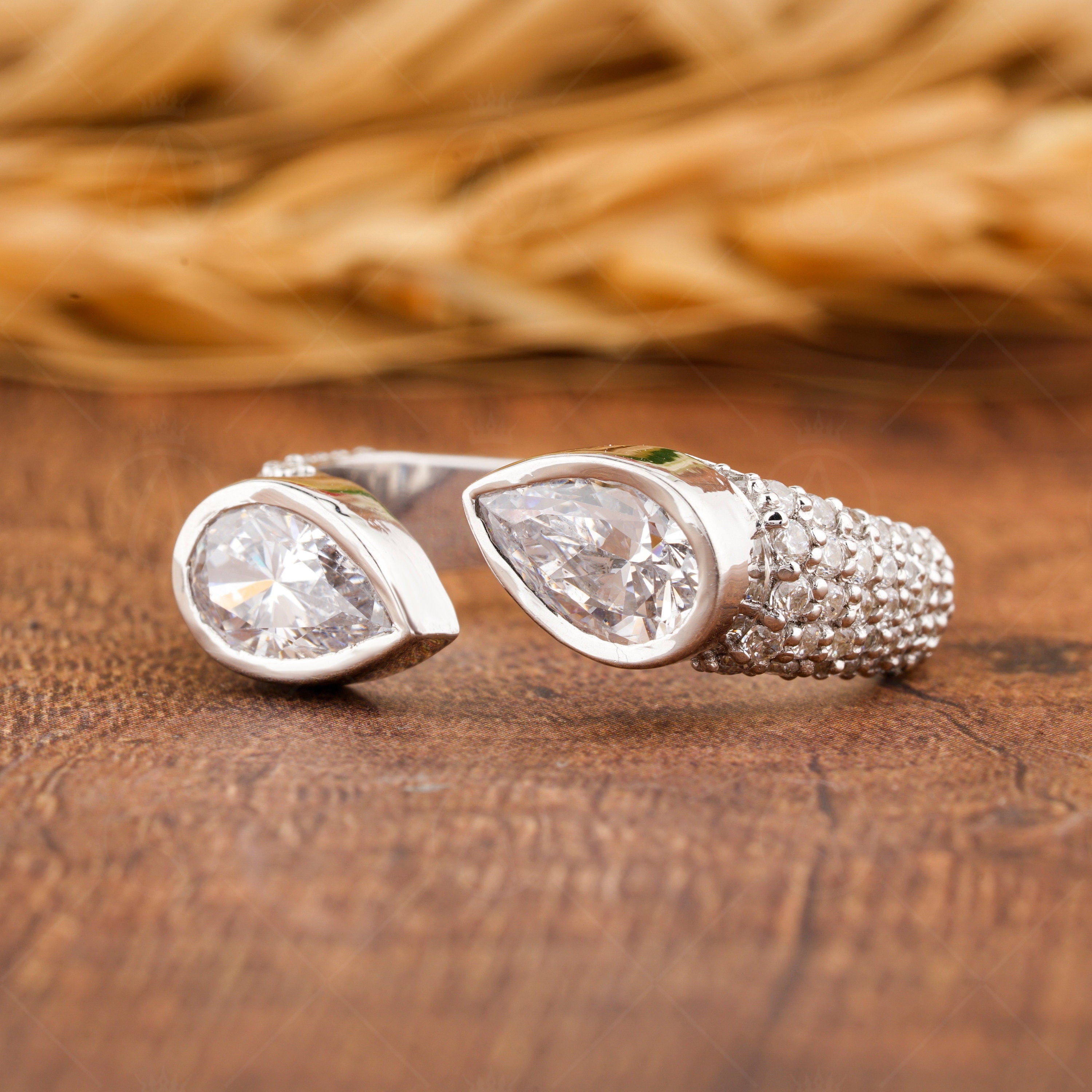 Vintage Toi Et Moi Ring, Bezel Set Pear Shaped Ring, Open Moissanite Ring, Teardrop Engagement Ring, Womens Micro Pave Ring, 14K Gold Ring
