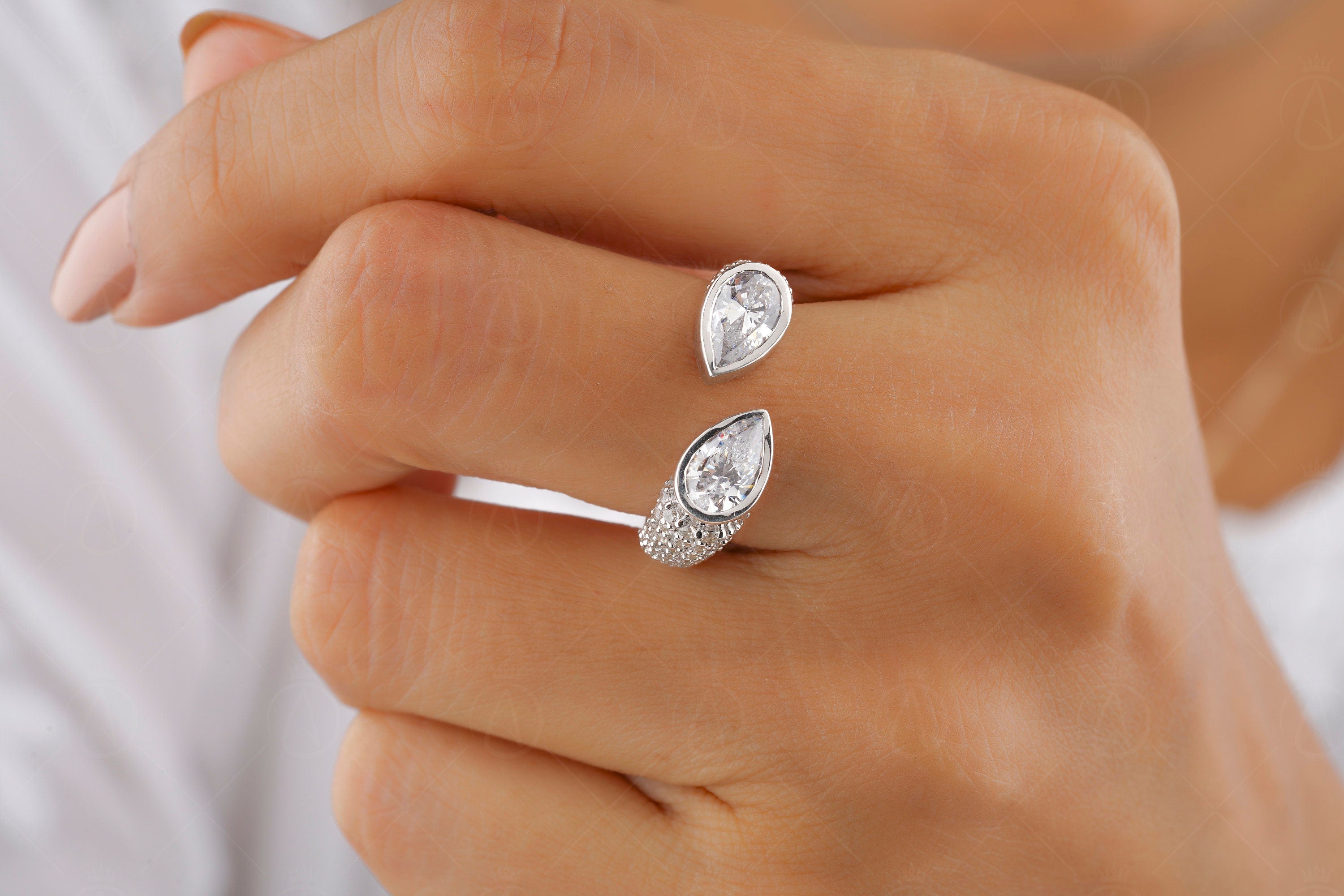 Vintage Toi Et Moi Ring, Bezel Set Pear Shaped Ring, Open Moissanite Ring, Teardrop Engagement Ring, Womens Micro Pave Ring, 14K Gold Ring