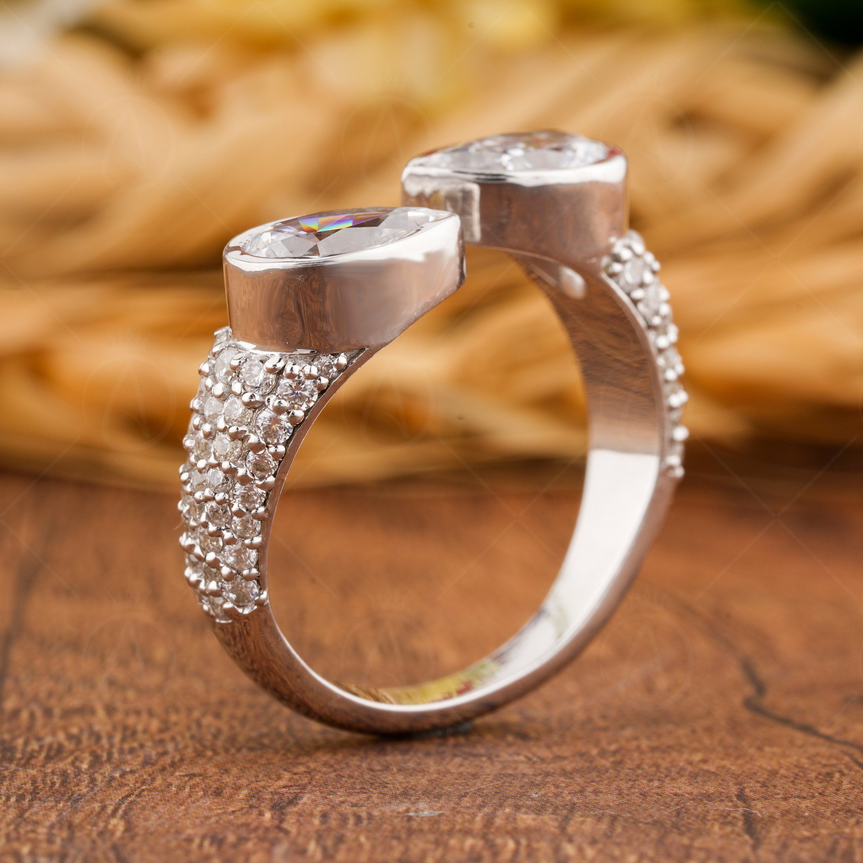 Vintage Toi Et Moi Ring, Bezel Set Pear Shaped Ring, Open Moissanite Ring, Teardrop Engagement Ring, Womens Micro Pave Ring, 14K Gold Ring