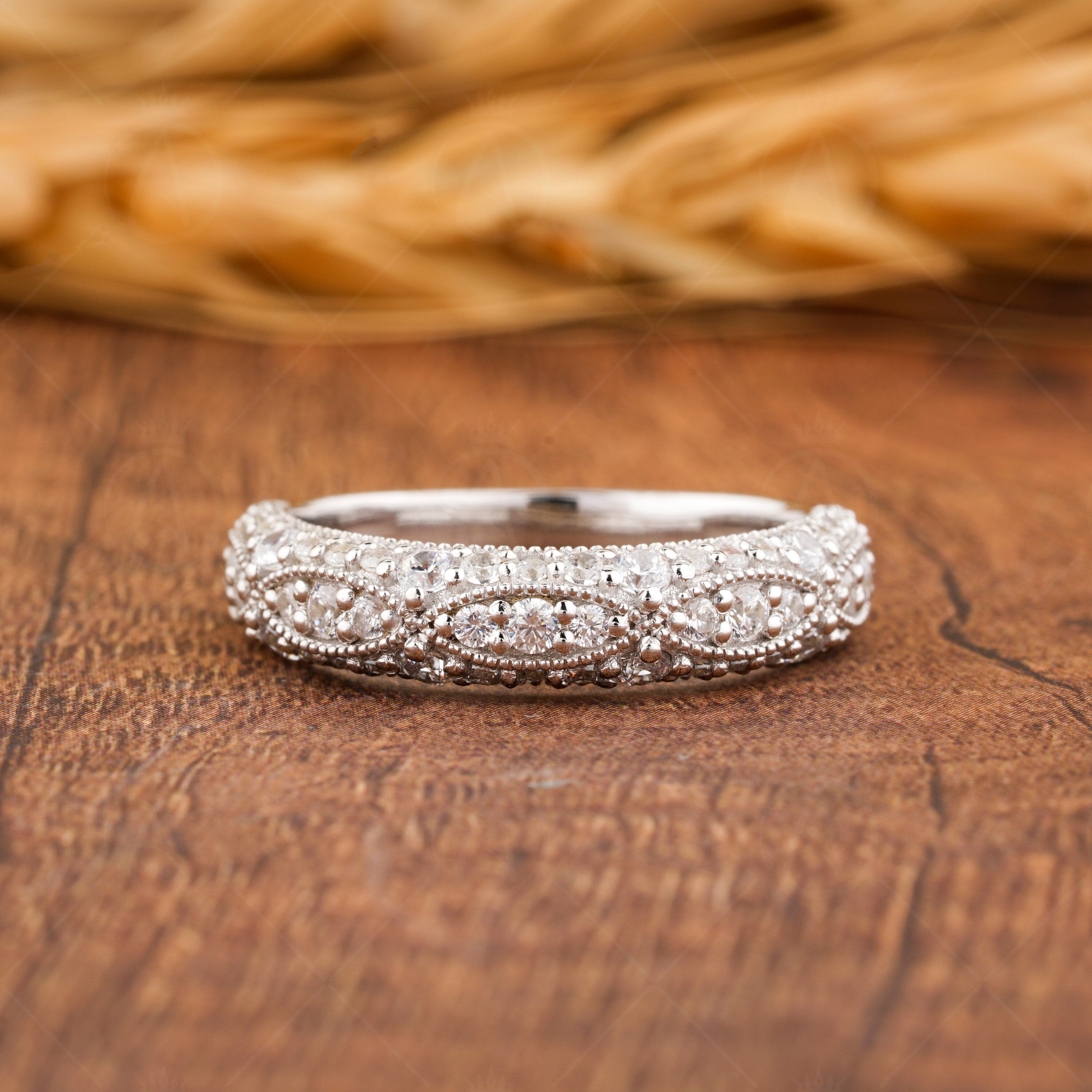 Moissanite Vintage Wedding Bands Women, Milgrain Half Eternity Band, Antique Art Deco Ring, Gold Wide Band Ring, Anniversary Rings For Women