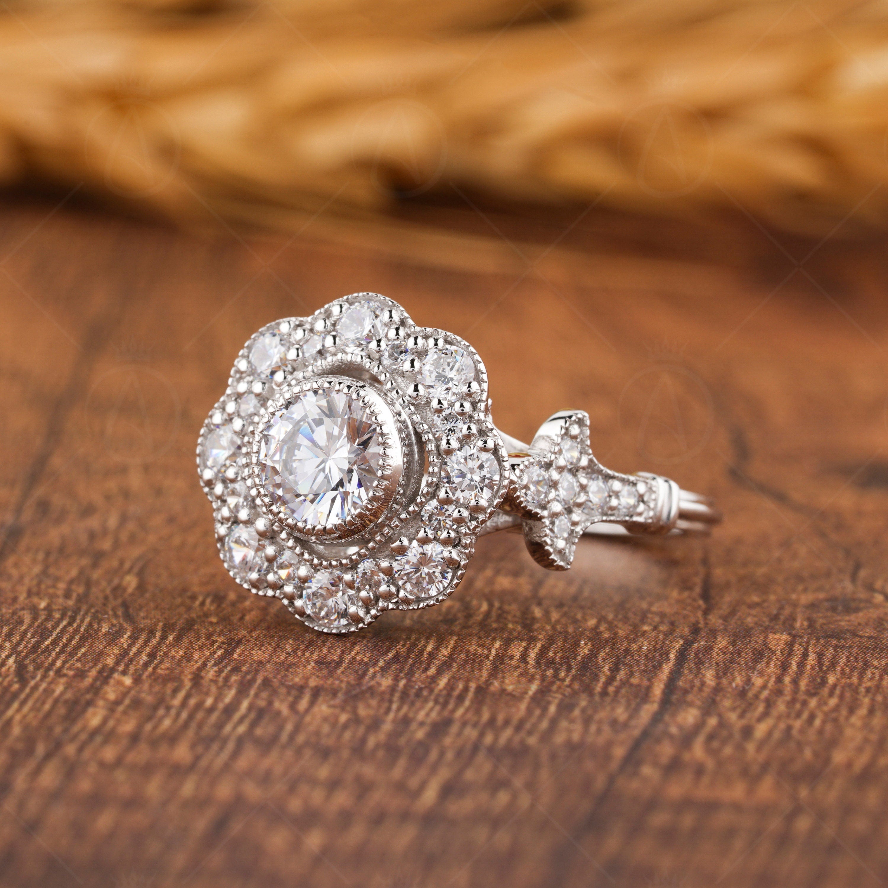 Floral Nature Inspired Ring, Vintage Art Deco Style Ring, Milgrain Ring, Antique Moissanite Halo Engagement Ring, Promise Rings For Women