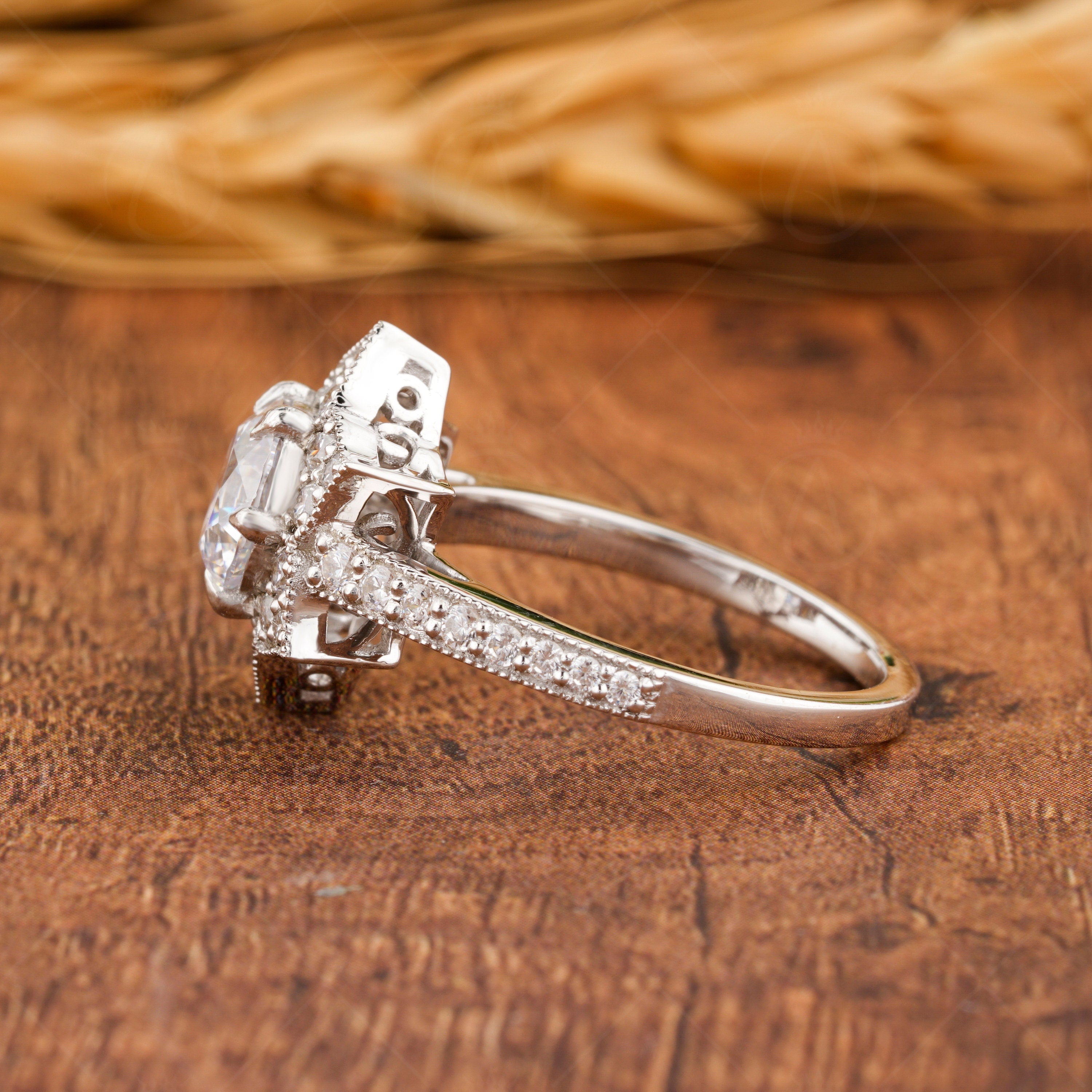 Nature Inspired Ring, Floral Style Engagement Ring, Moissanite Art Deco Ring, Milgrain Flower Ring, Unique Promise Rings For Women