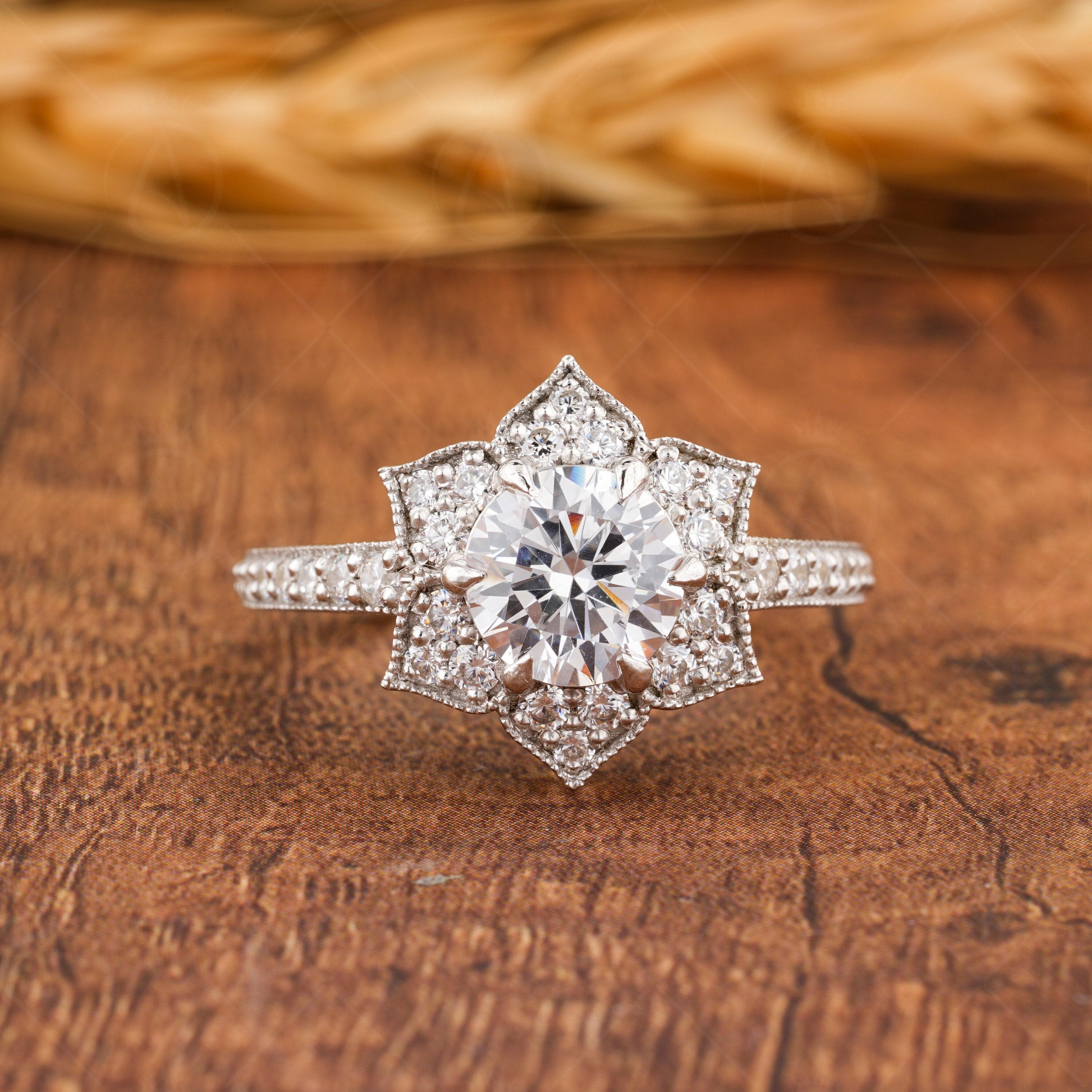 Nature Inspired Ring, Floral Style Engagement Ring, Moissanite Art Deco Ring, Milgrain Flower Ring, Unique Promise Rings For Women