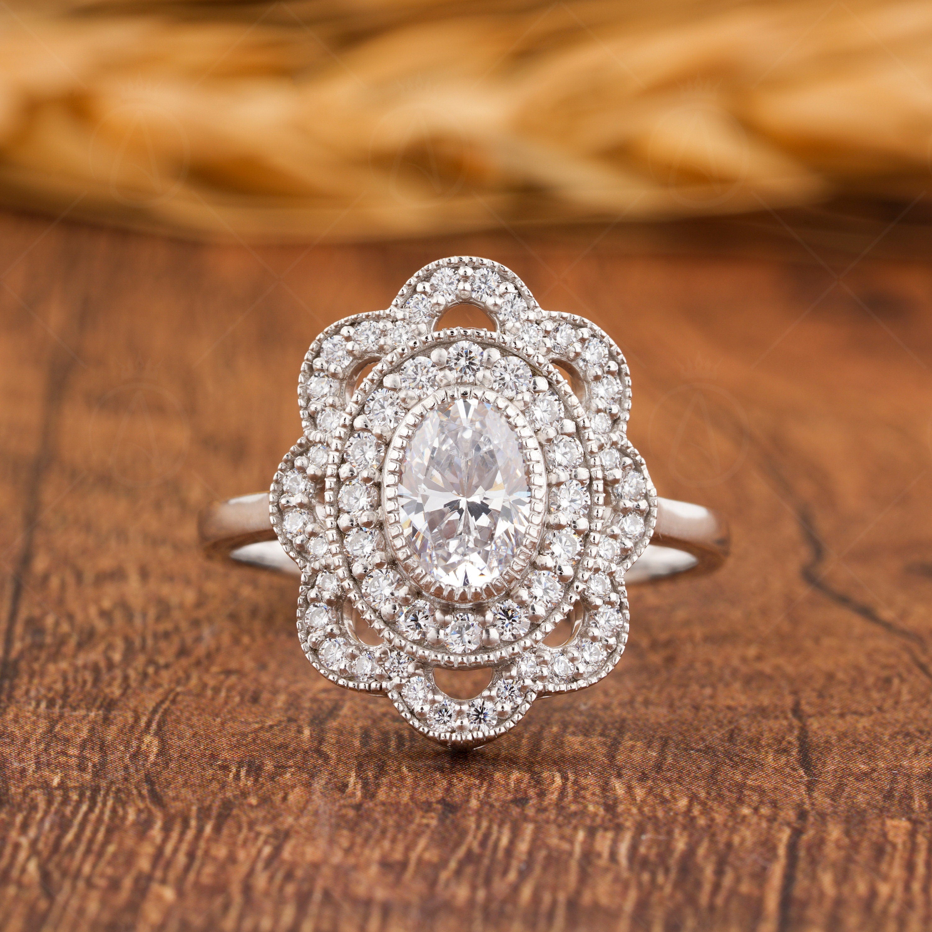 1930s Inspired Edwardian Style Moissanite Ring, Antique Statement Ring, Double Halo Oval Engagement Ring, Small Milgrain Rings For Women