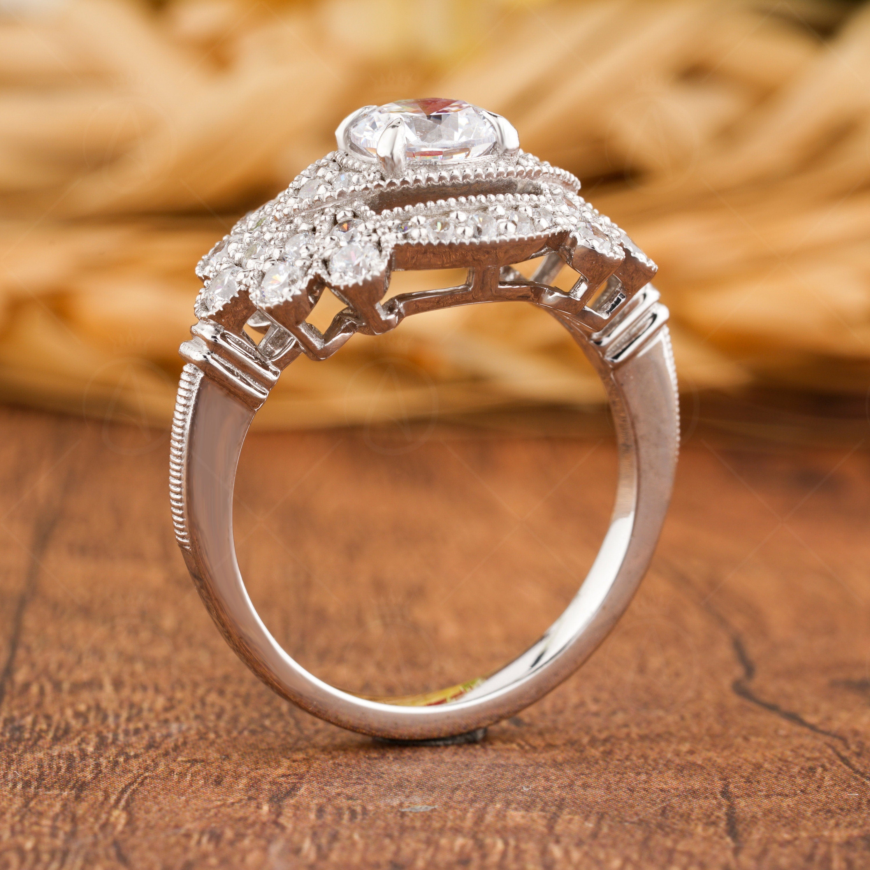 Edwardian Moissanite Engagement Ring, Art Deco Vintage Inspired Ring, Milgrain Wedding Ring, Moissanite Unique Promise Rings For Women