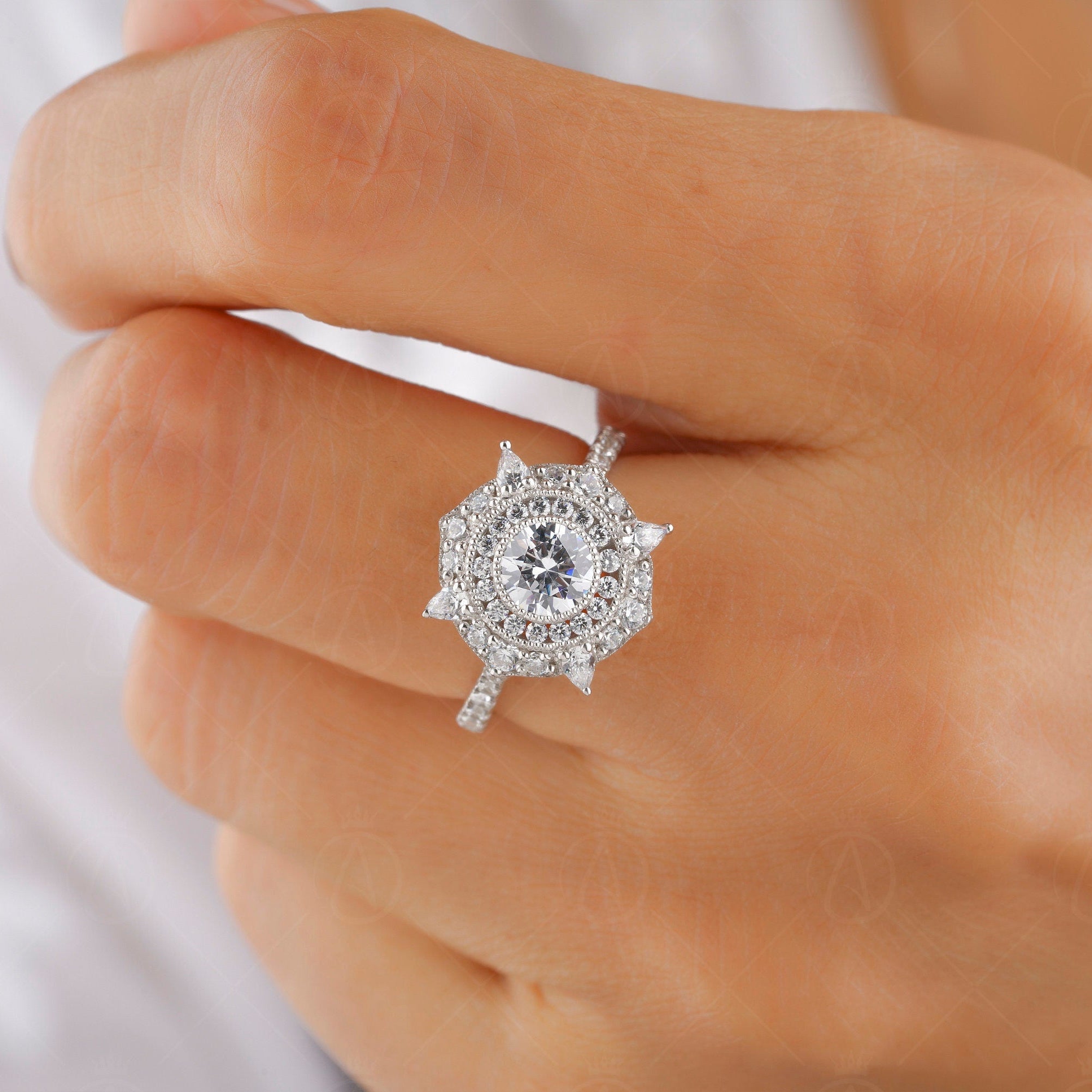 Antique Art Deco Style Ring, Vintage Milgrain Ring, Double Halo Moissanite Engagement Ring, Estate Rings For Women, Gold Promise Ring