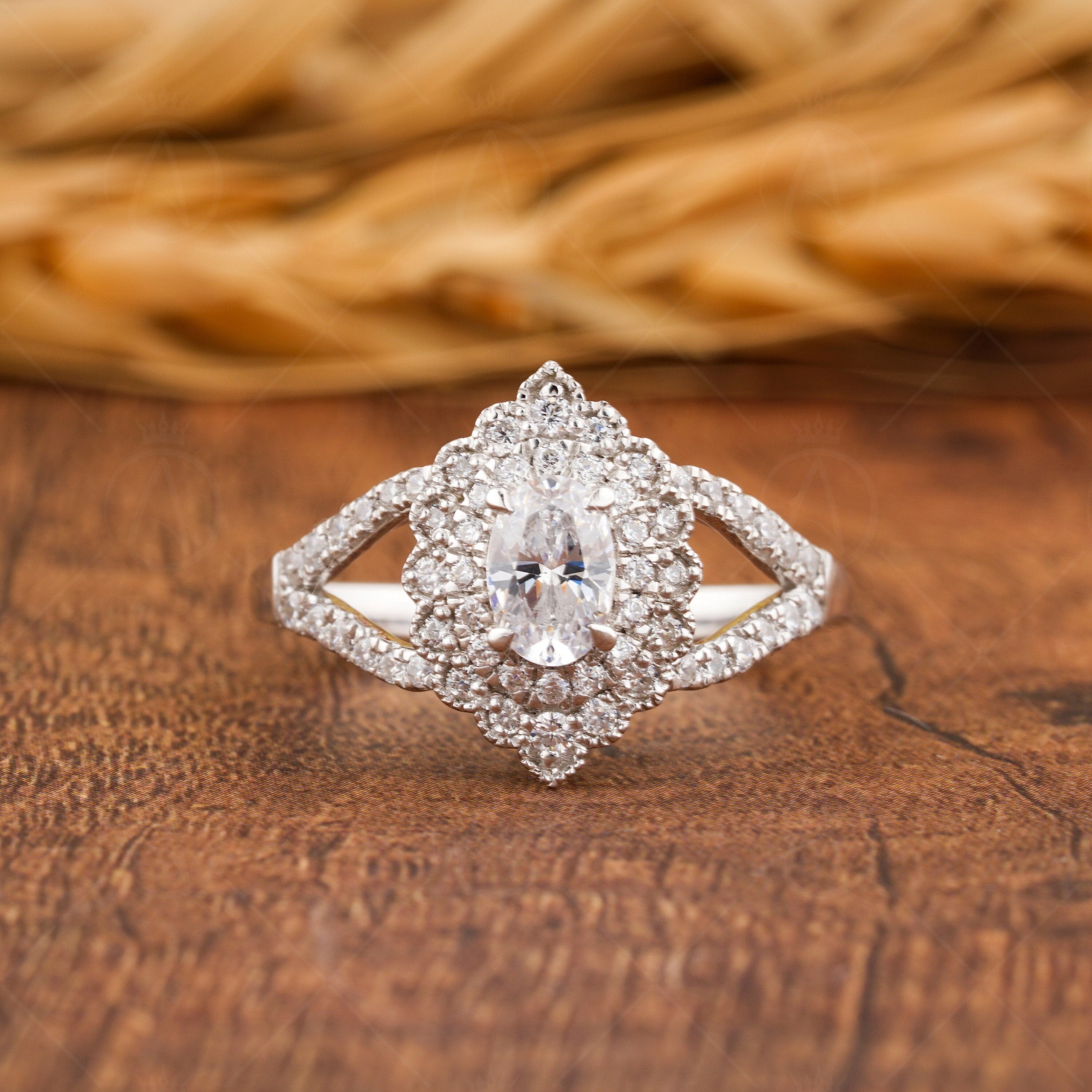 Art Deco Style Moissanite Ring, Vintage Inspired Ring, Oval Double Halo Engagement Ring, Milgrain Ring, Split Shank Ring Unique Promise Ring, Small Dotes Ring