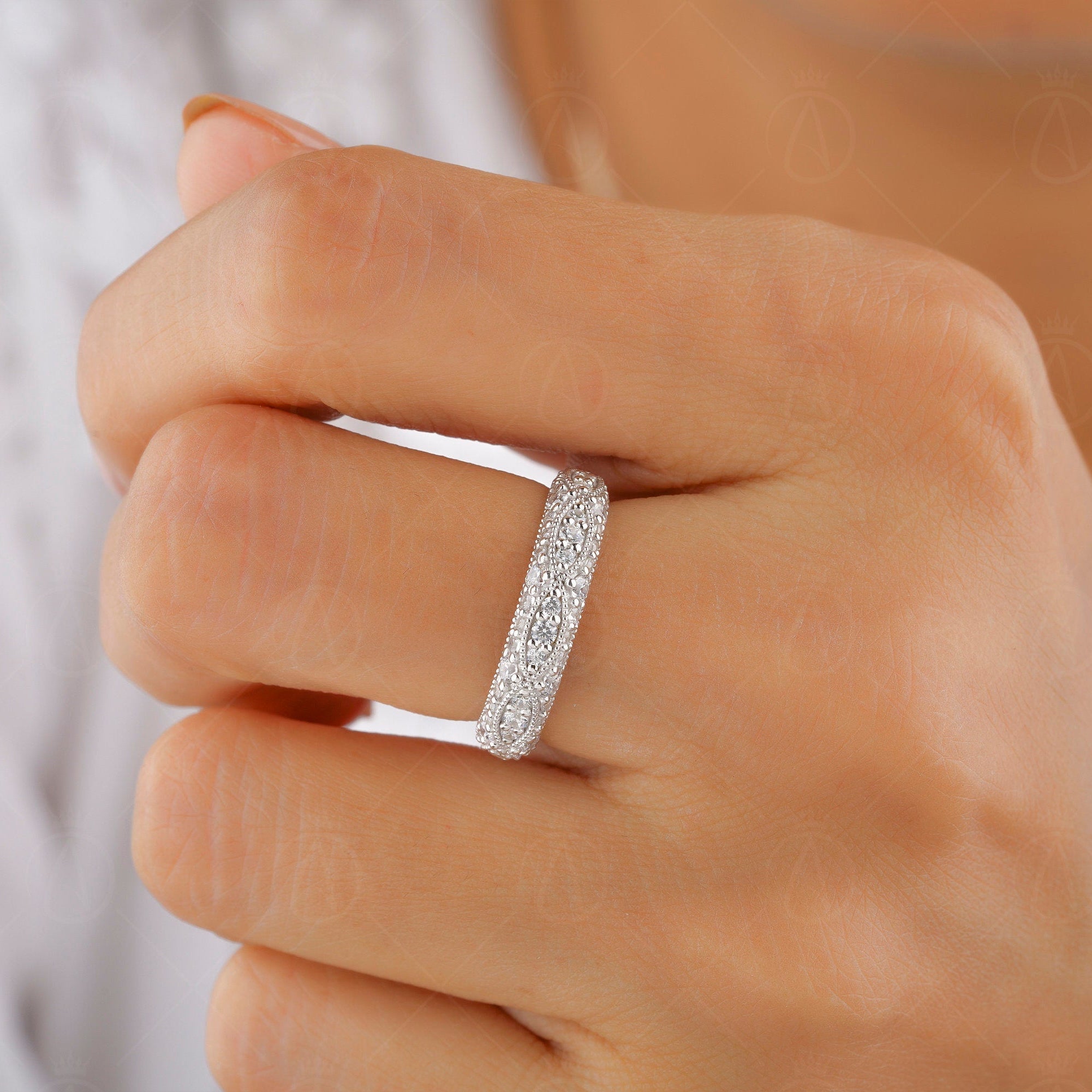 Moissanite Vintage Wedding Bands Women, Milgrain Half Eternity Band, Antique Art Deco Ring, Gold Wide Band Ring, Anniversary Rings For Women