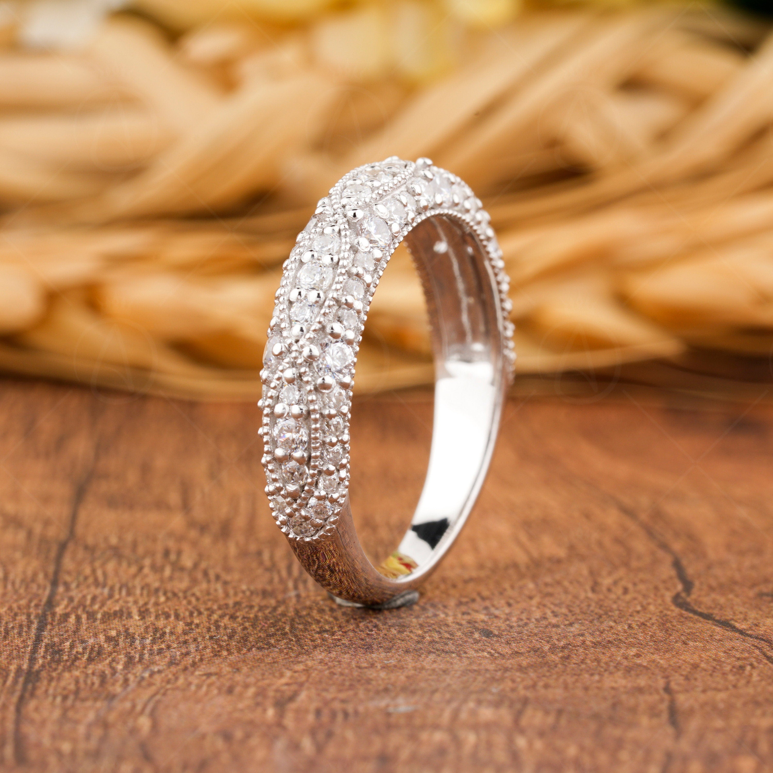 Moissanite Vintage Wedding Bands Women, Milgrain Half Eternity Band, Antique Art Deco Ring, Gold Wide Band Ring, Anniversary Rings For Women