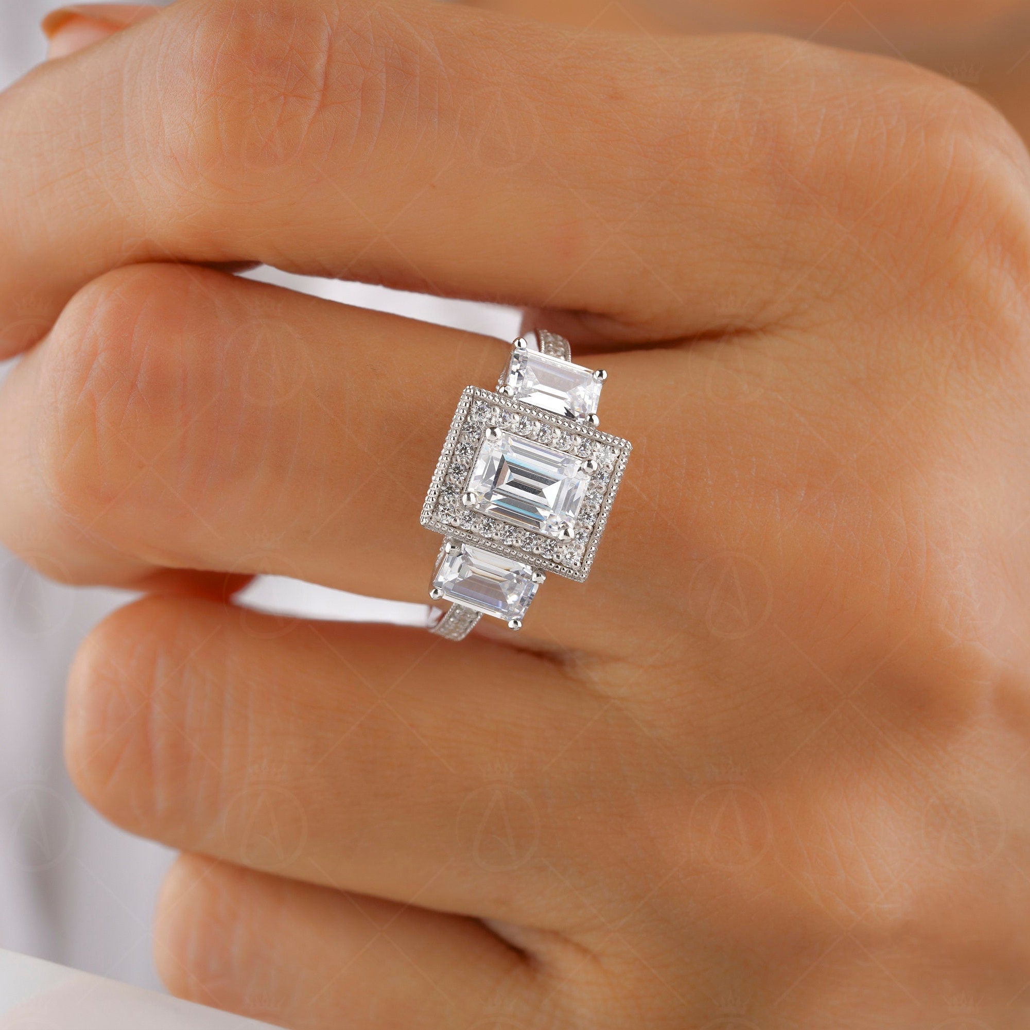 Three Stone Emerald Cut Moissanite Engagement Ring, Antique Art Deco Style Ring, 3 Rectangle Stone Vintage Ring, Milgrain Trilogy Ring Women