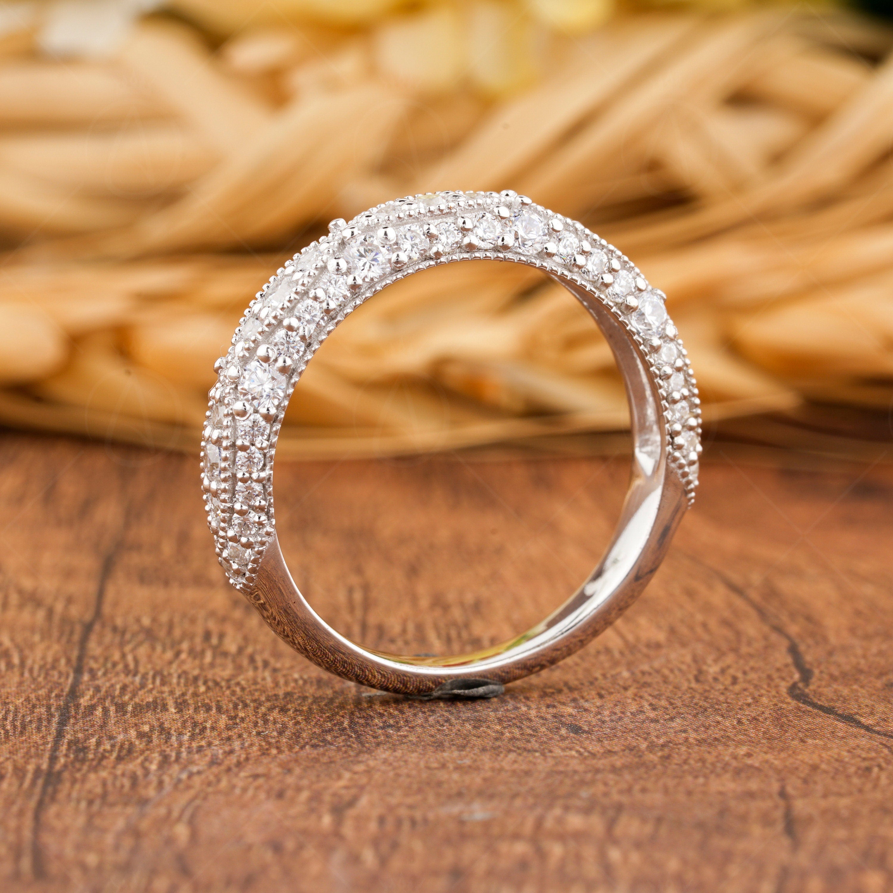 Moissanite Vintage Wedding Bands Women, Milgrain Half Eternity Band, Antique Art Deco Ring, Gold Wide Band Ring, Anniversary Rings For Women