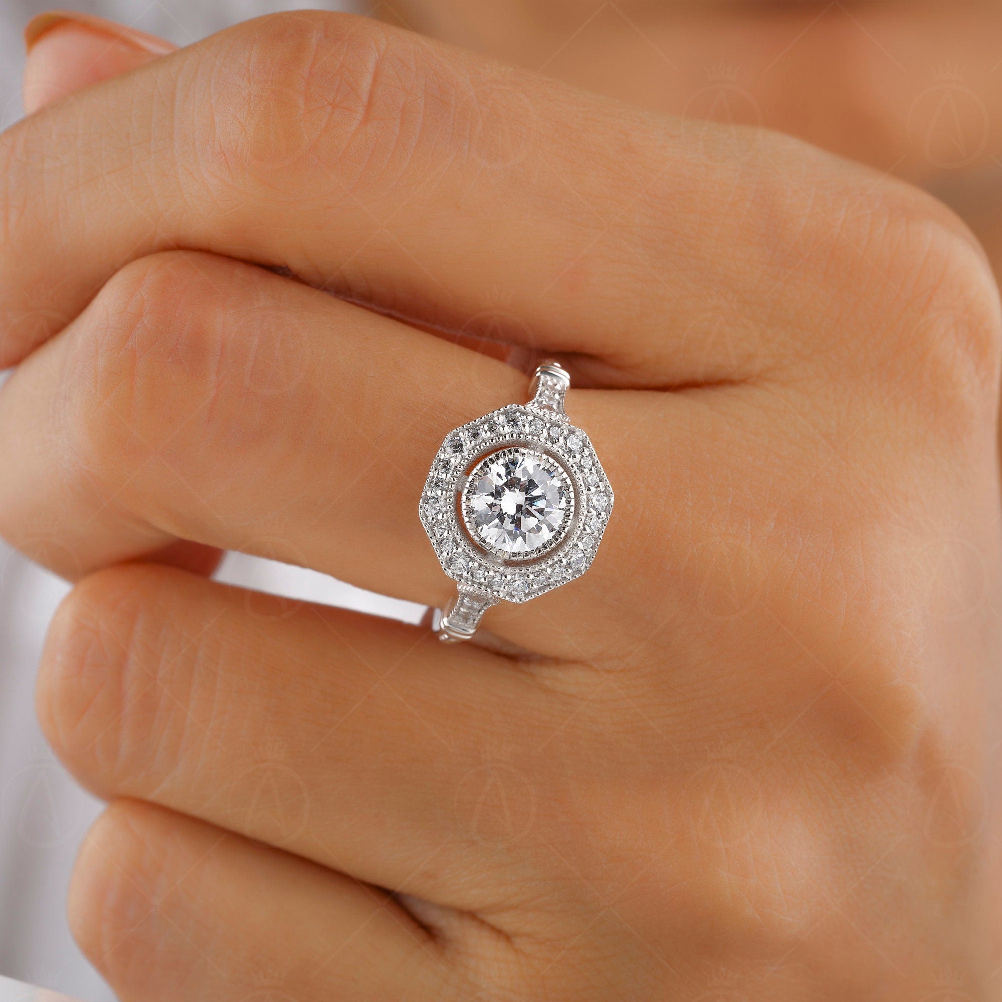 Octagon Shape Ring, Art Deco Style Moissanite Ring, Vintage Inspired Halo Engagement Ring, Antique Milgrain Ring, Bezel Set Round Ring Women