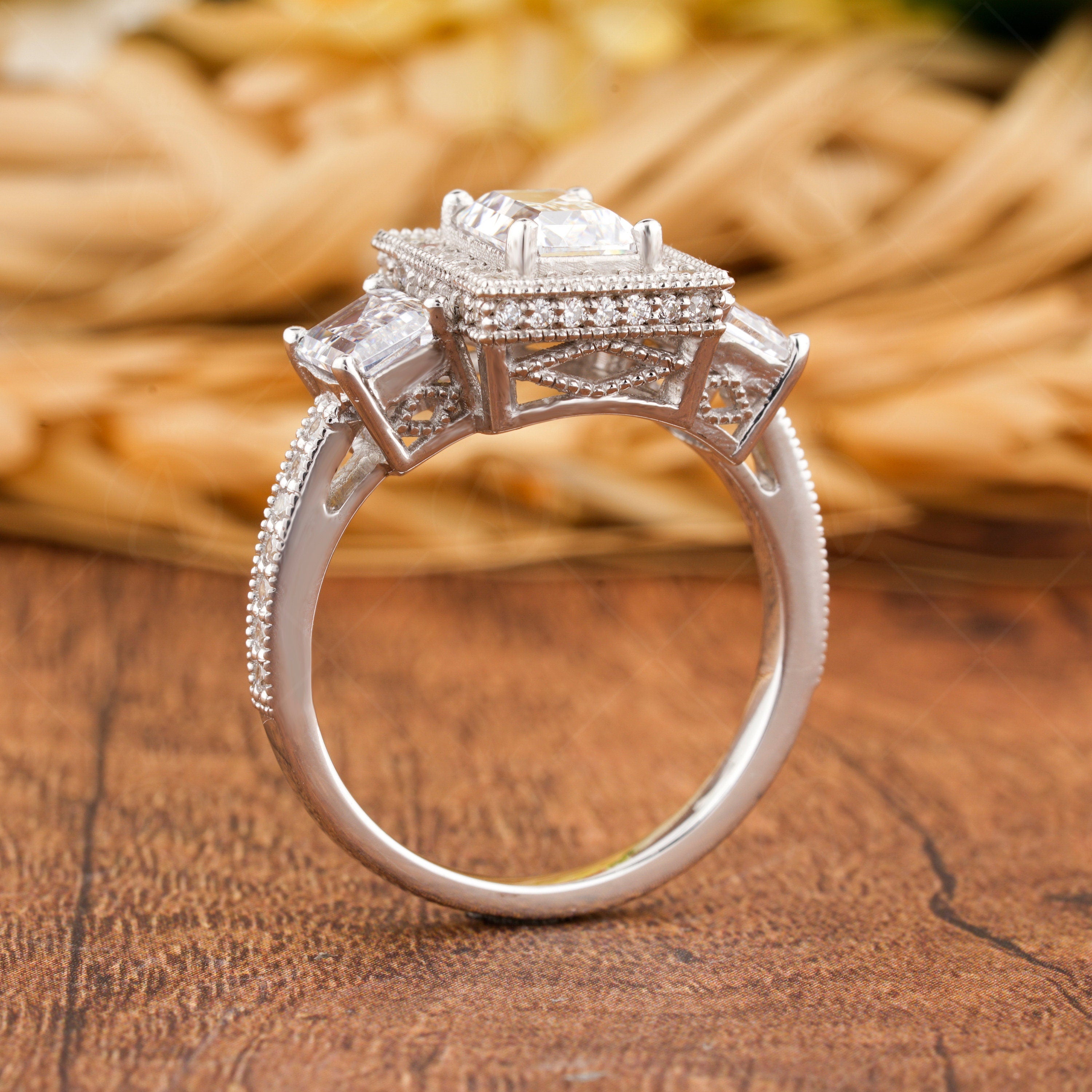 Three Stone Emerald Cut Moissanite Engagement Ring, Antique Art Deco Style Ring, 3 Rectangle Stone Vintage Ring, Milgrain Trilogy Ring Women