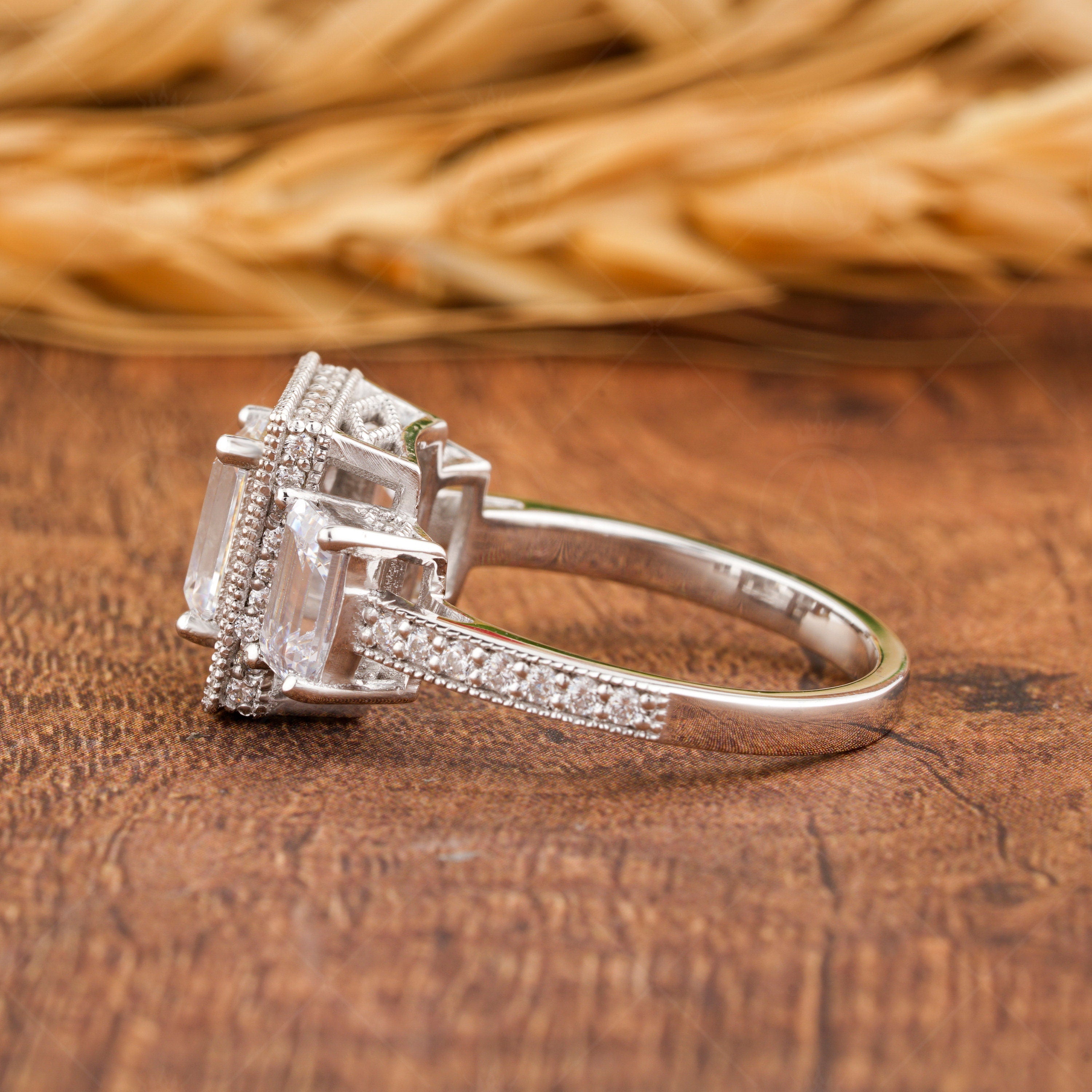 Three Stone Emerald Cut Moissanite Engagement Ring, Antique Art Deco Style Ring, 3 Rectangle Stone Vintage Ring, Milgrain Trilogy Ring Women