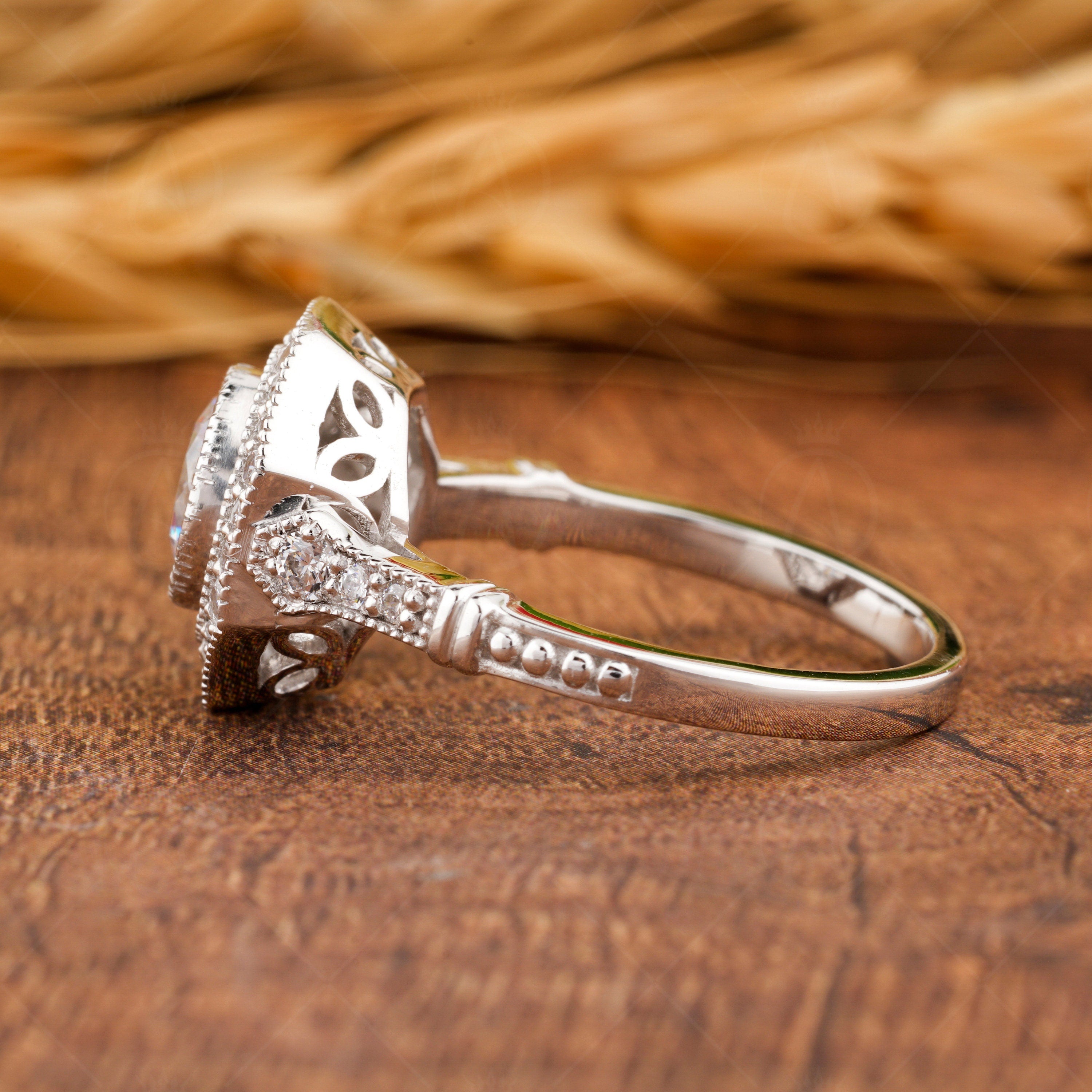 Octagon Shape Ring, Art Deco Style Moissanite Ring, Vintage Inspired Halo Engagement Ring, Antique Milgrain Ring, Bezel Set Round Ring Women