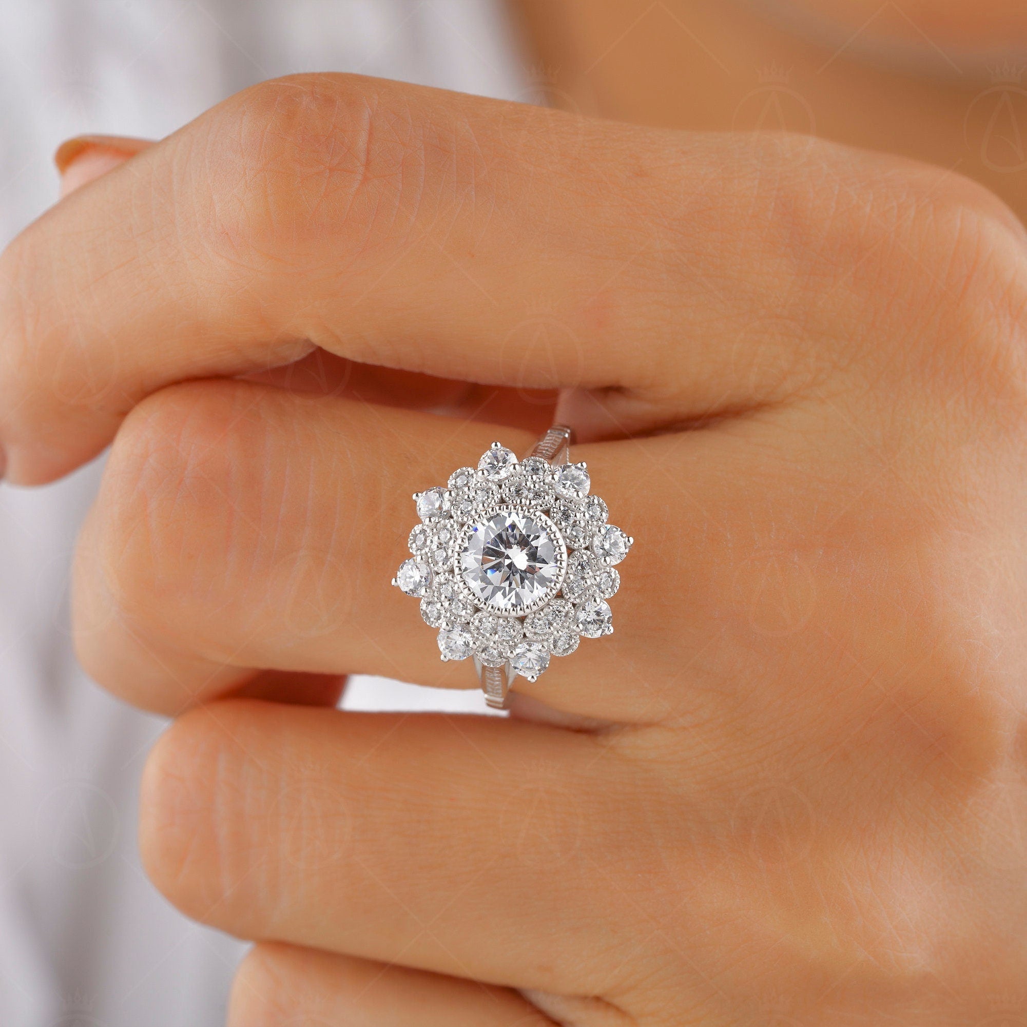 1940s Vintage Inspired Engagement Ring, Art Deco Moissanite Double Halo Ring, Milgrain Ring, Estate Jewelry Rings For Women, Unique Ring