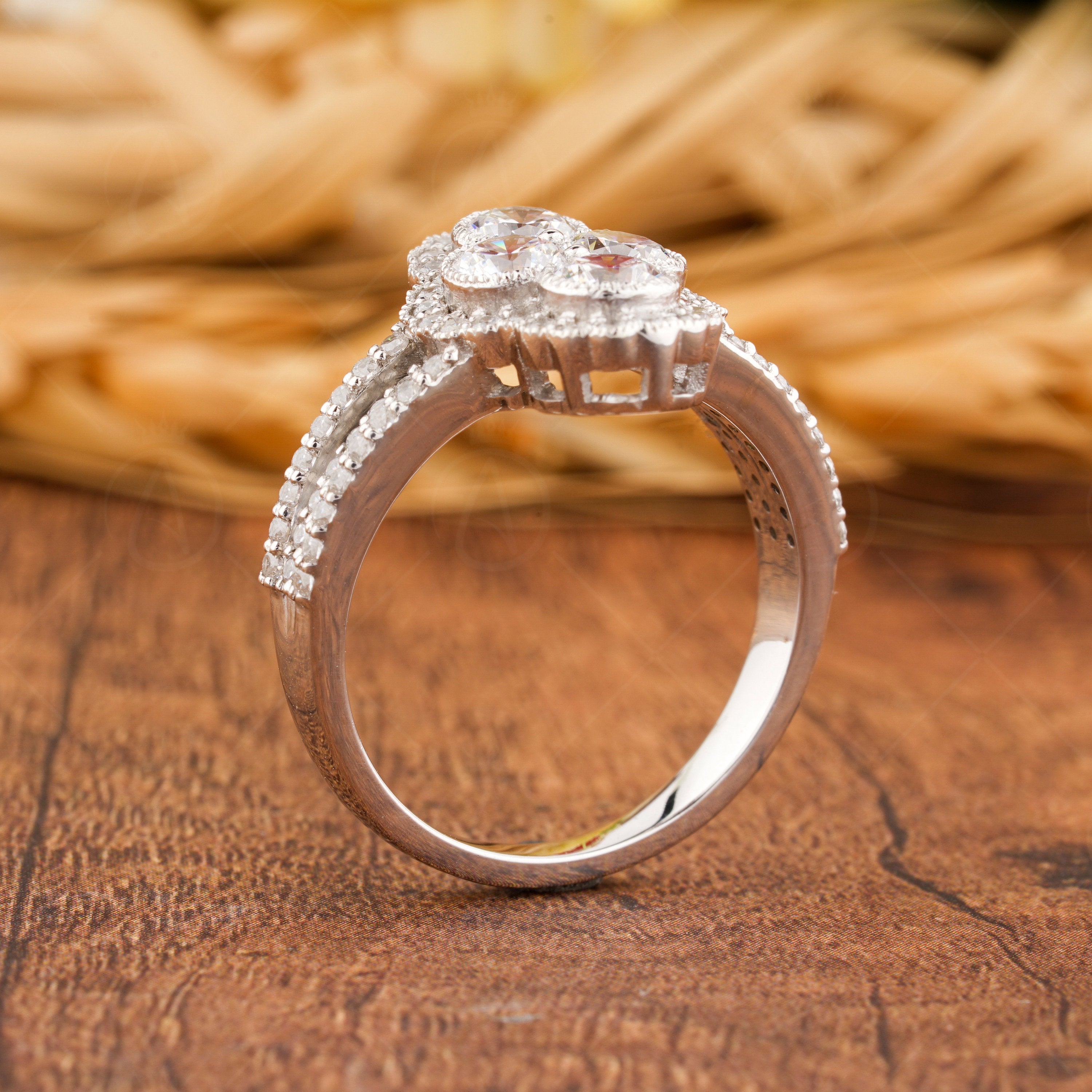 Elongated Vintage Inspired Ring, Art Deco Moissanite Ring, Cluster Engagement Ring, Round Stone Ring, Unique 1930s Style Ring, Womens Ring
