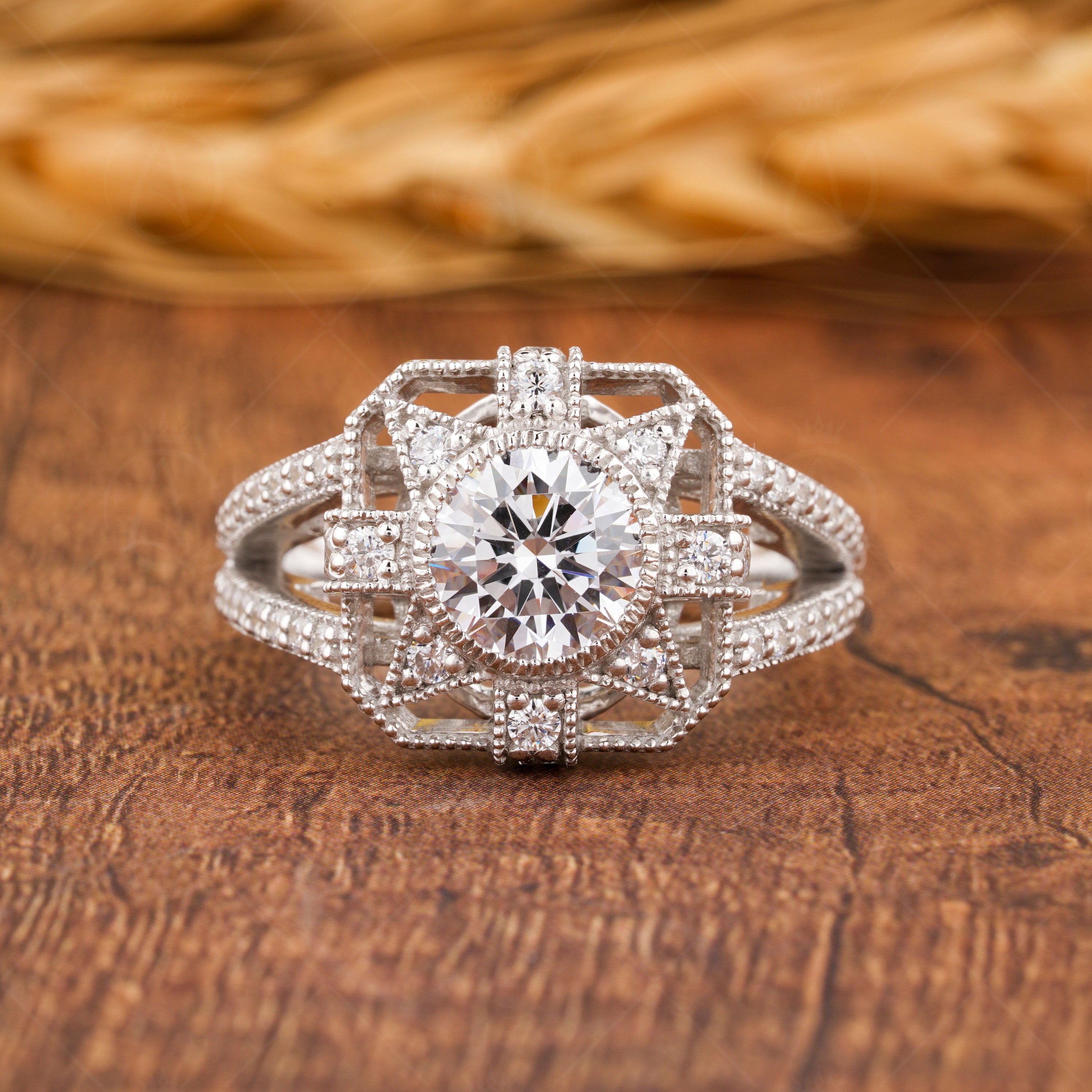 1920s Antique Vintage Inspired Ring, Art Deco Moissanite Ring, Art Deco Milgrain Engagement Ring, Unique Split Shank Ring, Rings For Women