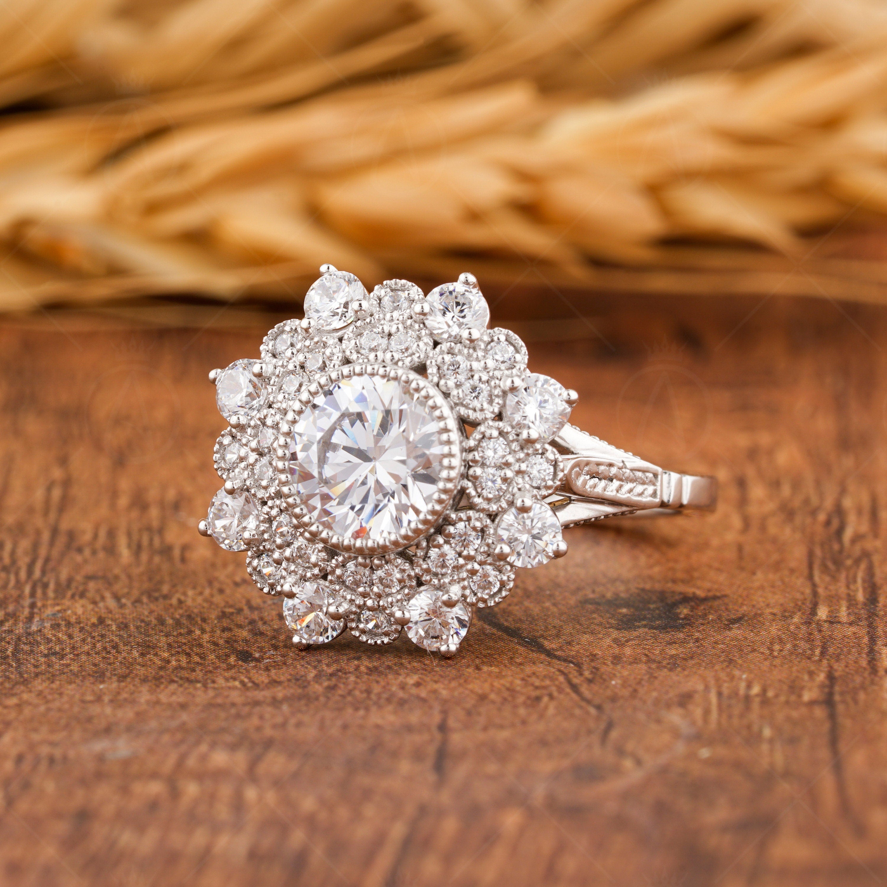 1940s Vintage Inspired Engagement Ring, Art Deco Moissanite Double Halo Ring, Milgrain Ring, Estate Jewelry Rings For Women, Unique Ring