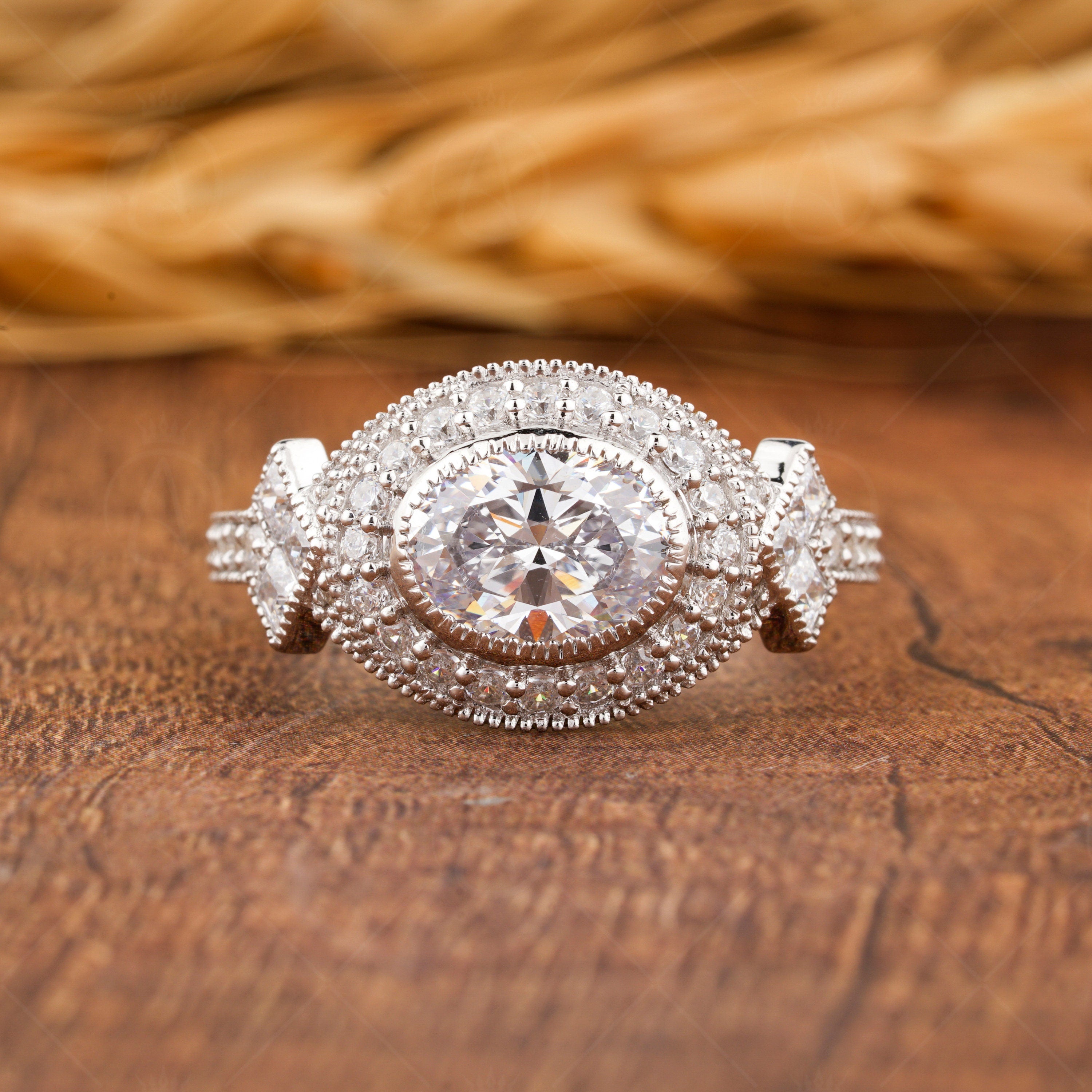 Vintage Art Deco Ring, Moissanite Oval Cut Halo Engagement Ring, Unique Vintage Milgrain Ring, East To West Oval Ring Antique Ring For Women