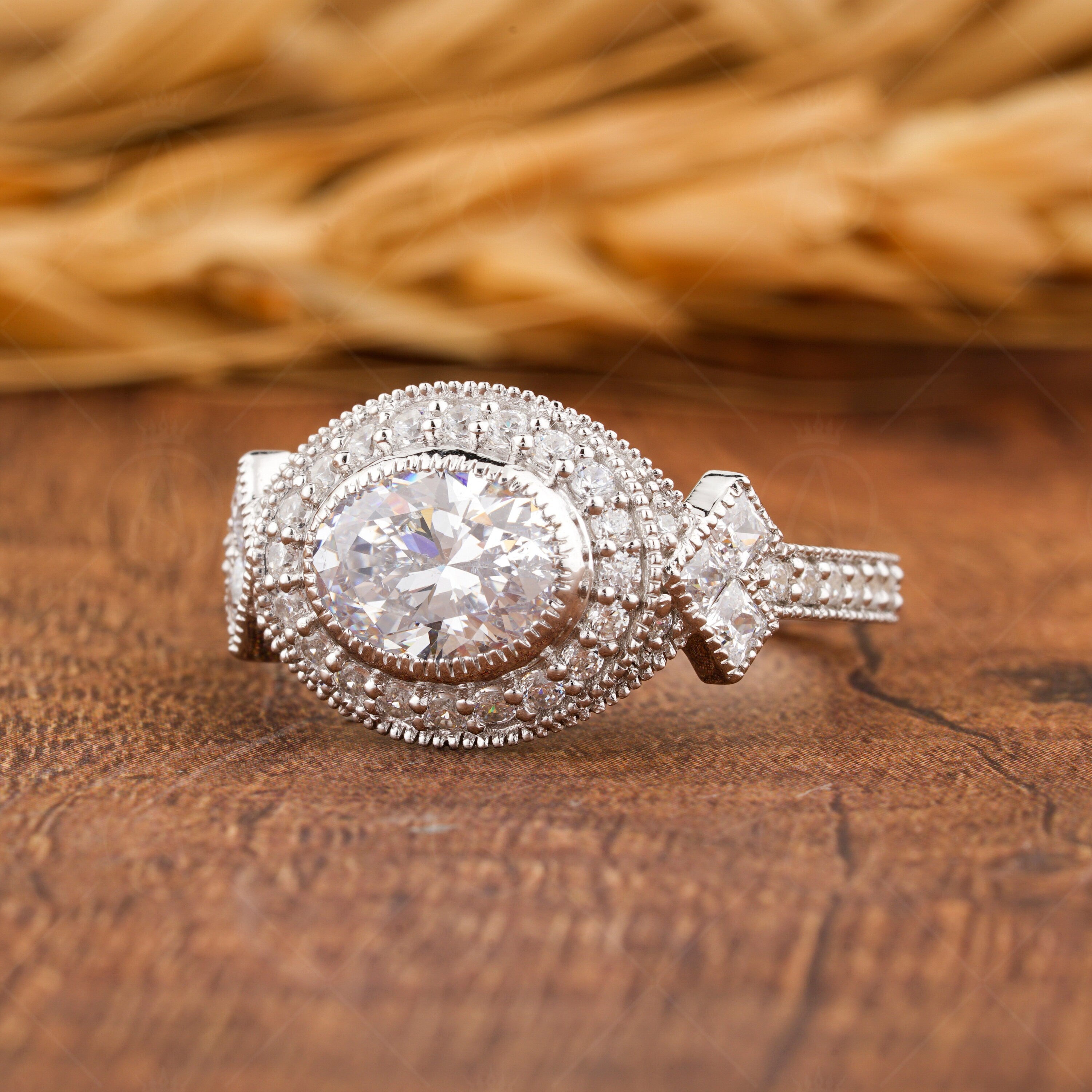 Vintage Art Deco Ring, Moissanite Oval Cut Halo Engagement Ring, Unique Vintage Milgrain Ring, East To West Oval Ring Antique Ring For Women
