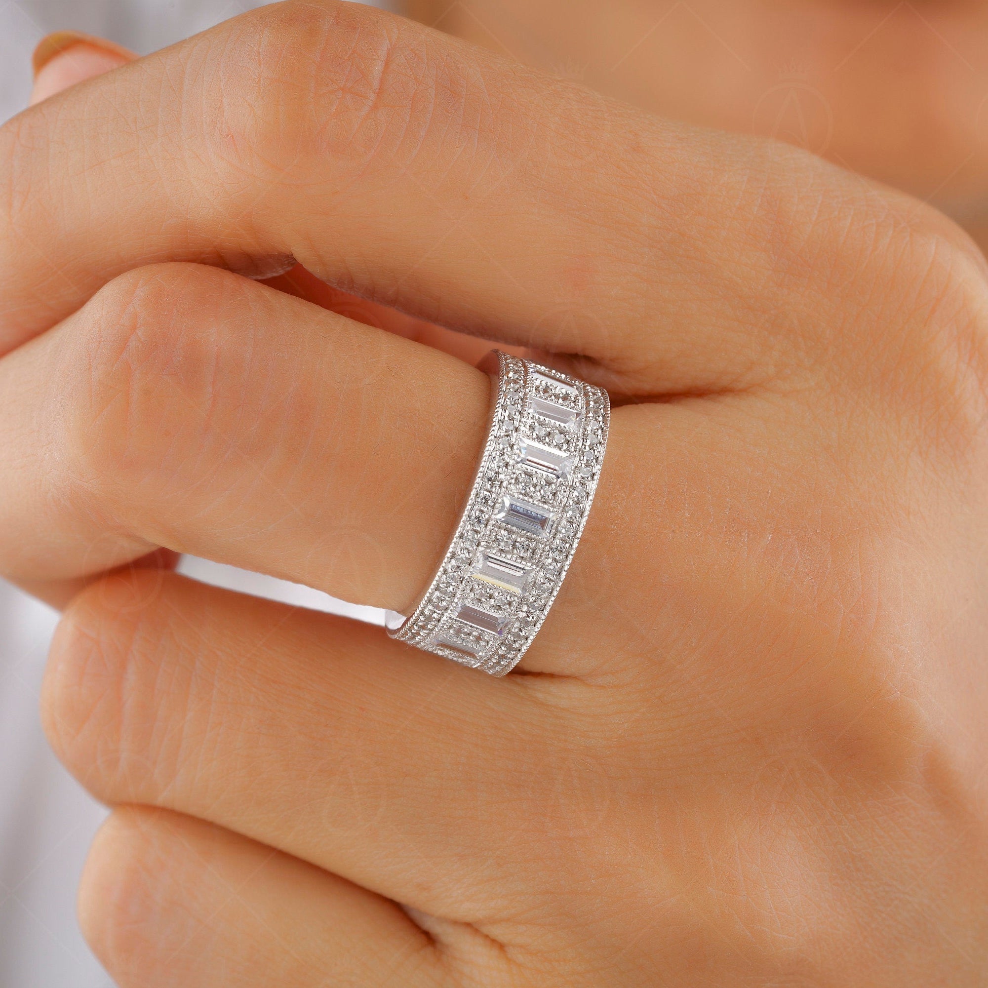 Vintage Milgrain Wedding Band, Wide Band Rings For Women, Baguette And Round Anniversary Band, Unique Engagement Band, Art Deco Promise Band