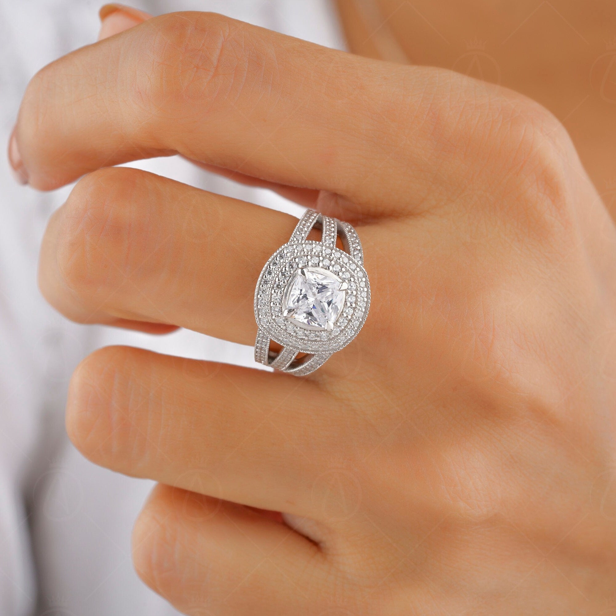 Double Halo Moissanite Ring, Cushion Cut Vintage Engagement Ring, Split Shank Art Deco Ring, Big Cocktail Ring, Promise Ring For Women