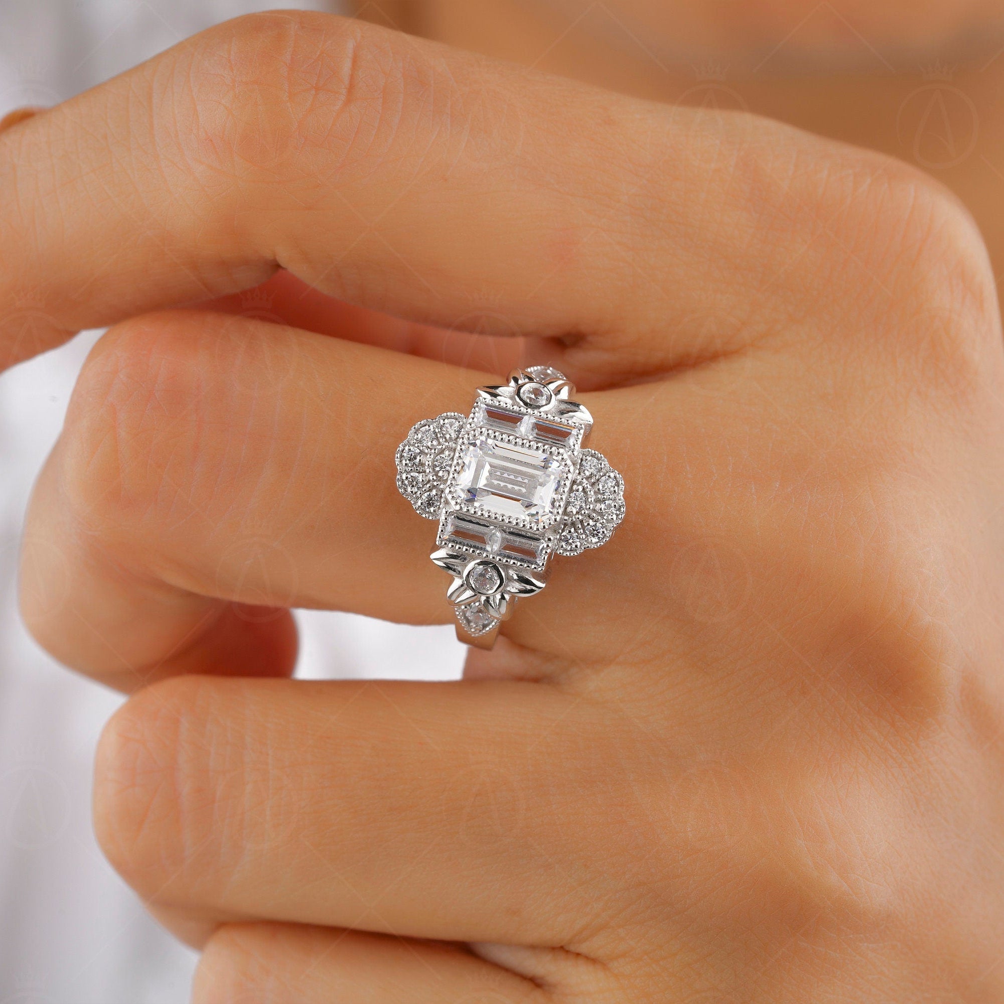 Flower Style Moissanite Ring, Nature Inspired Engagement Ring, Emerald Cut Art Deco Ring, Vintage Milgrain Ring, Floral Bezel Set Ring Women