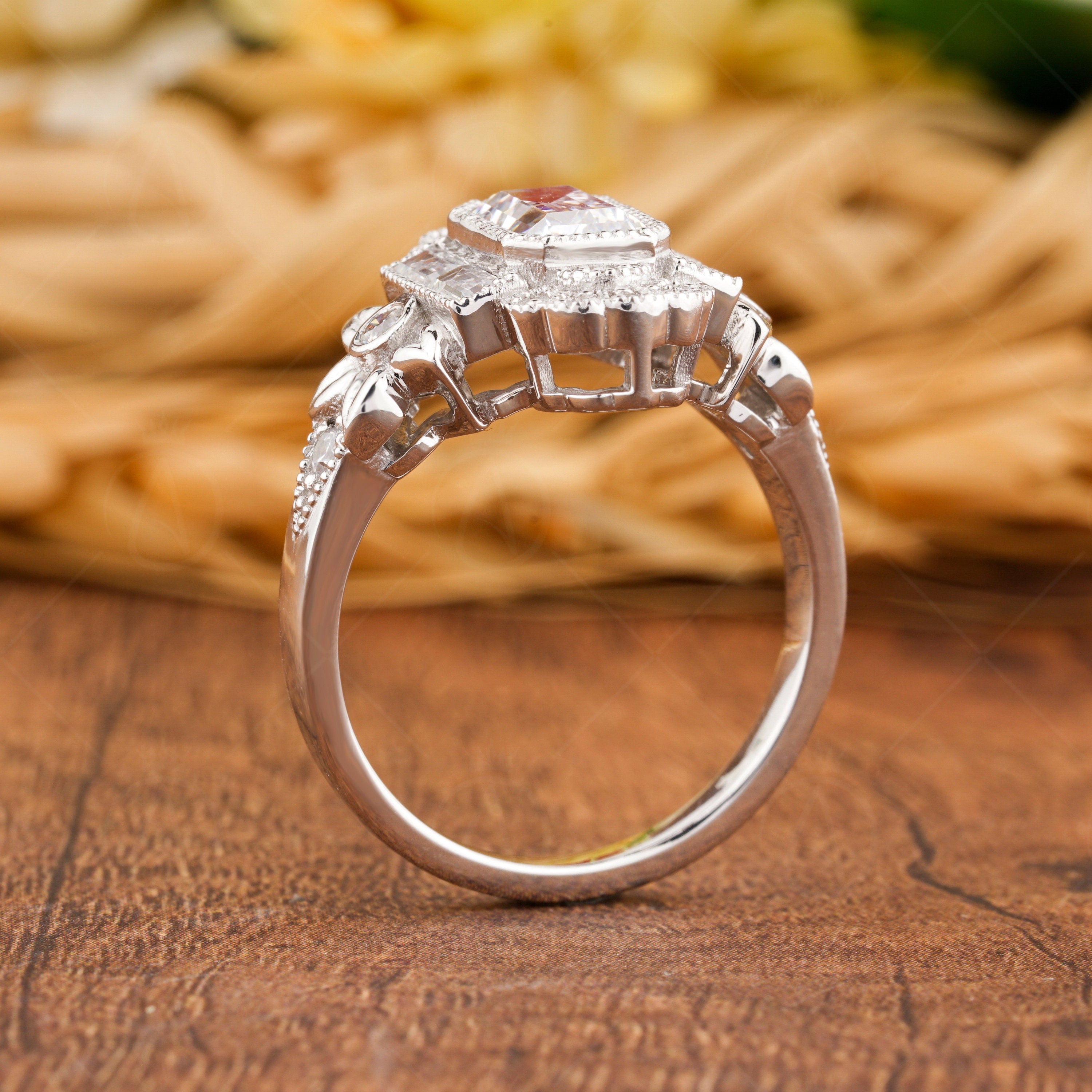Emerald Cut Flower Style Moissanite Engagement Ring