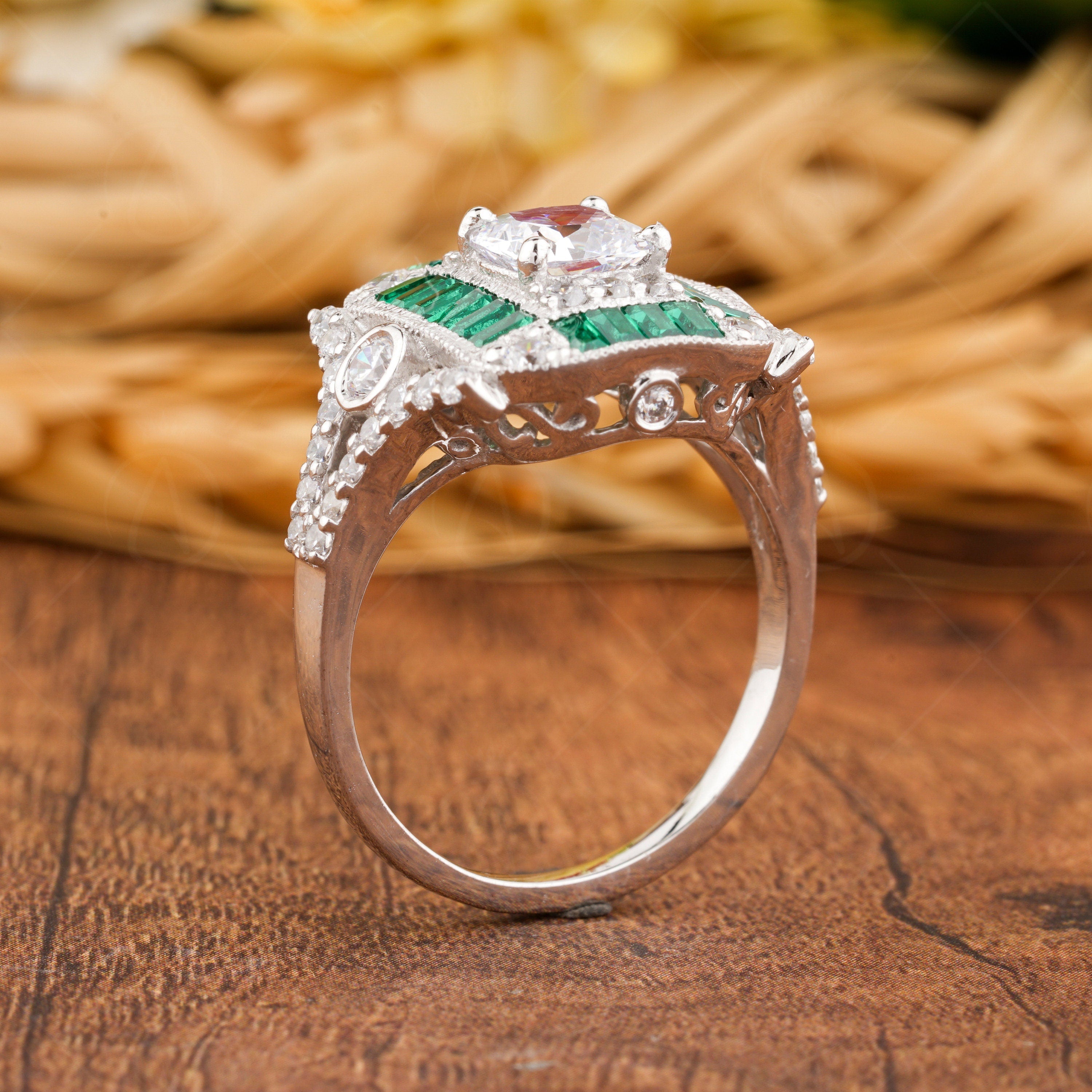Emerald Estate Jewelry Rings For Women, Antique Emerald Halo Engagement Ring, Art Deco Vintage Ring, Unique Moissanite Promise Ring For Her