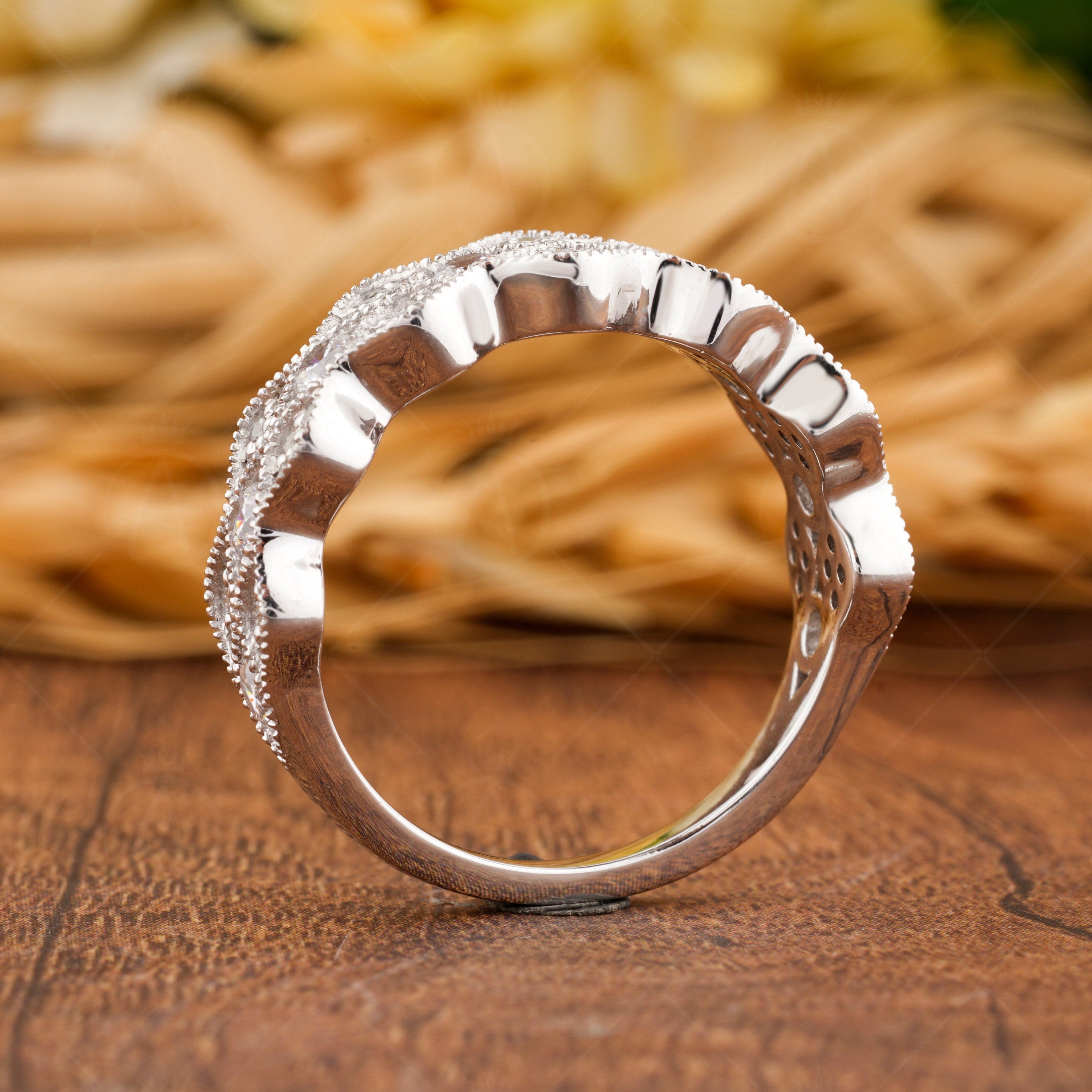 Art Deco Vintage Wedding Band Women, Moissanite Ring Band, Milgrain Vintage Band, Scalloped Edge Band, Unique Moissanite Anniversary Bands