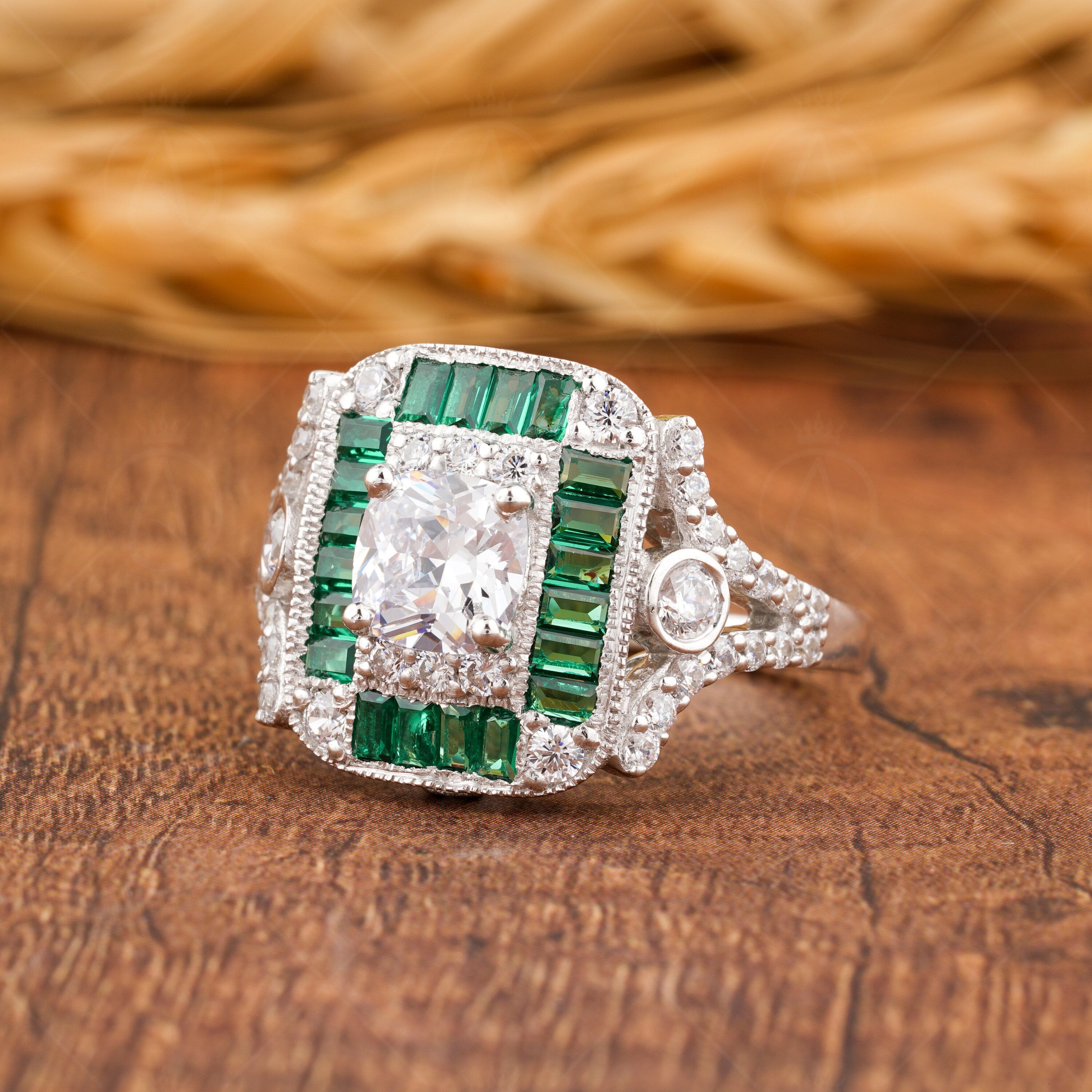 Emerald Estate Jewelry Rings For Women, Antique Emerald Halo Engagement Ring, Art Deco Vintage Ring, Unique Moissanite Promise Ring For Her
