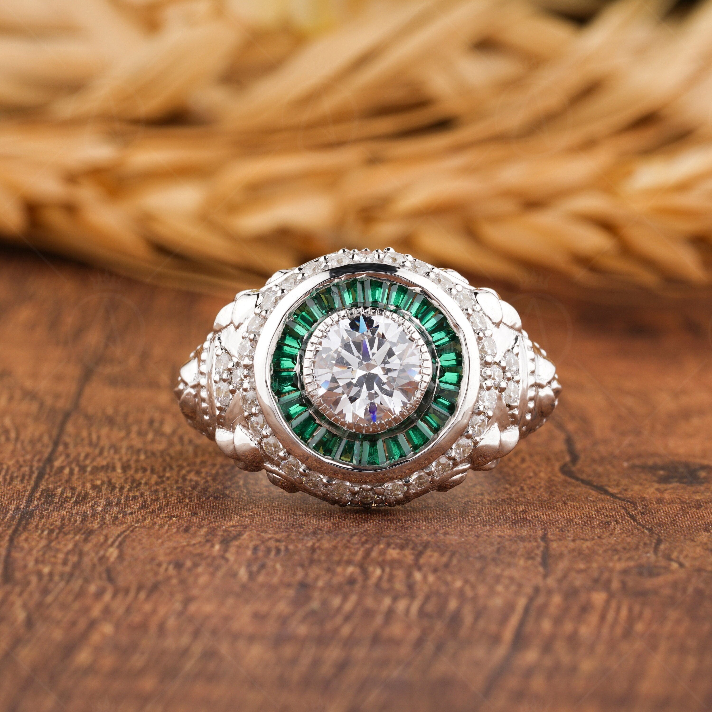 Emerald Target Ring, Emerald Estate Rings For Women, White Moissanite Flower Ring, Antique Art Deco Engagement Ring, Nature Inspired Ring
