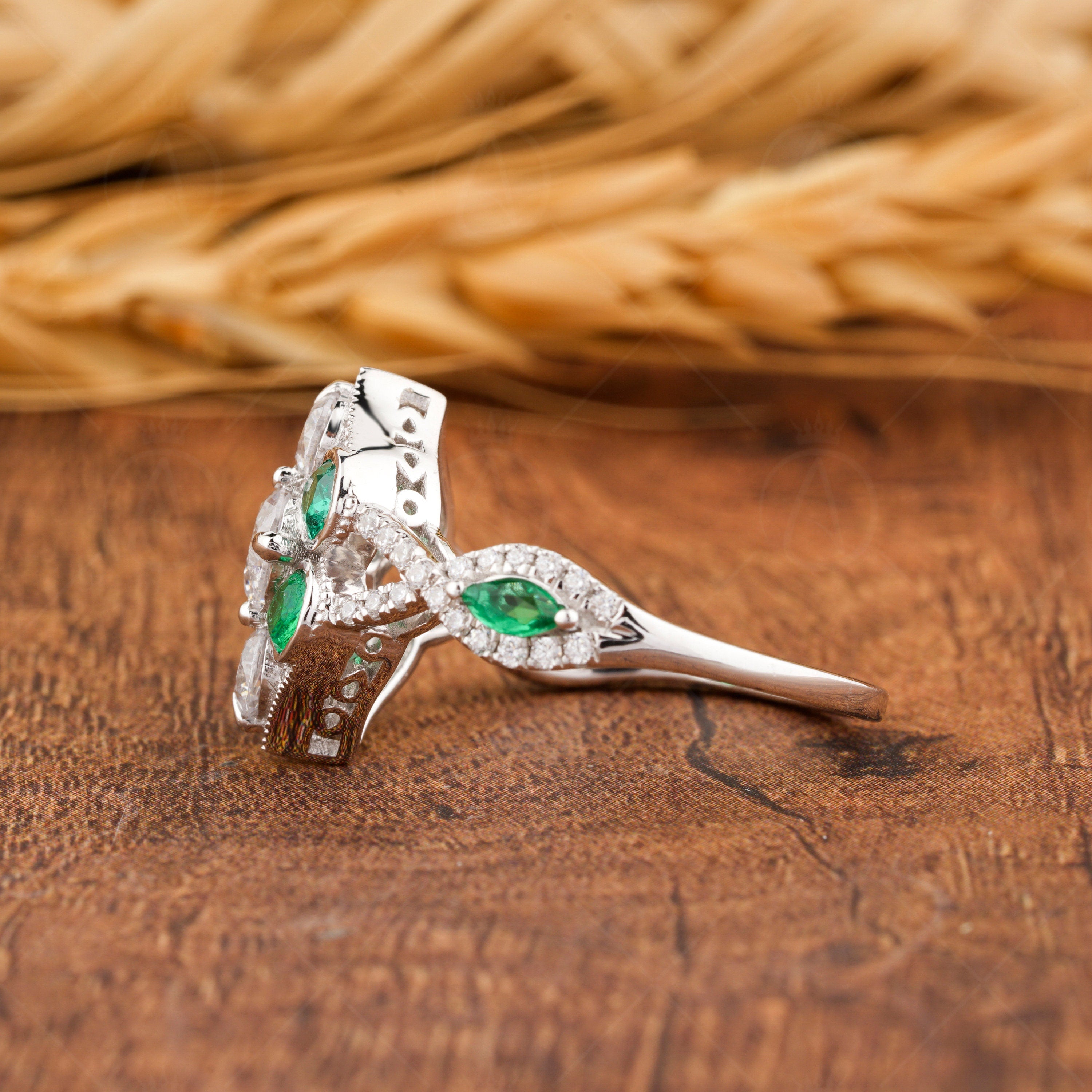 Green Emerald And Moissanite Art Deco Ring, Unique Vintage Ring, Cluster Engagement Ring For Women, Estate Jewelry Ring, Gold Nature Leaf Ring