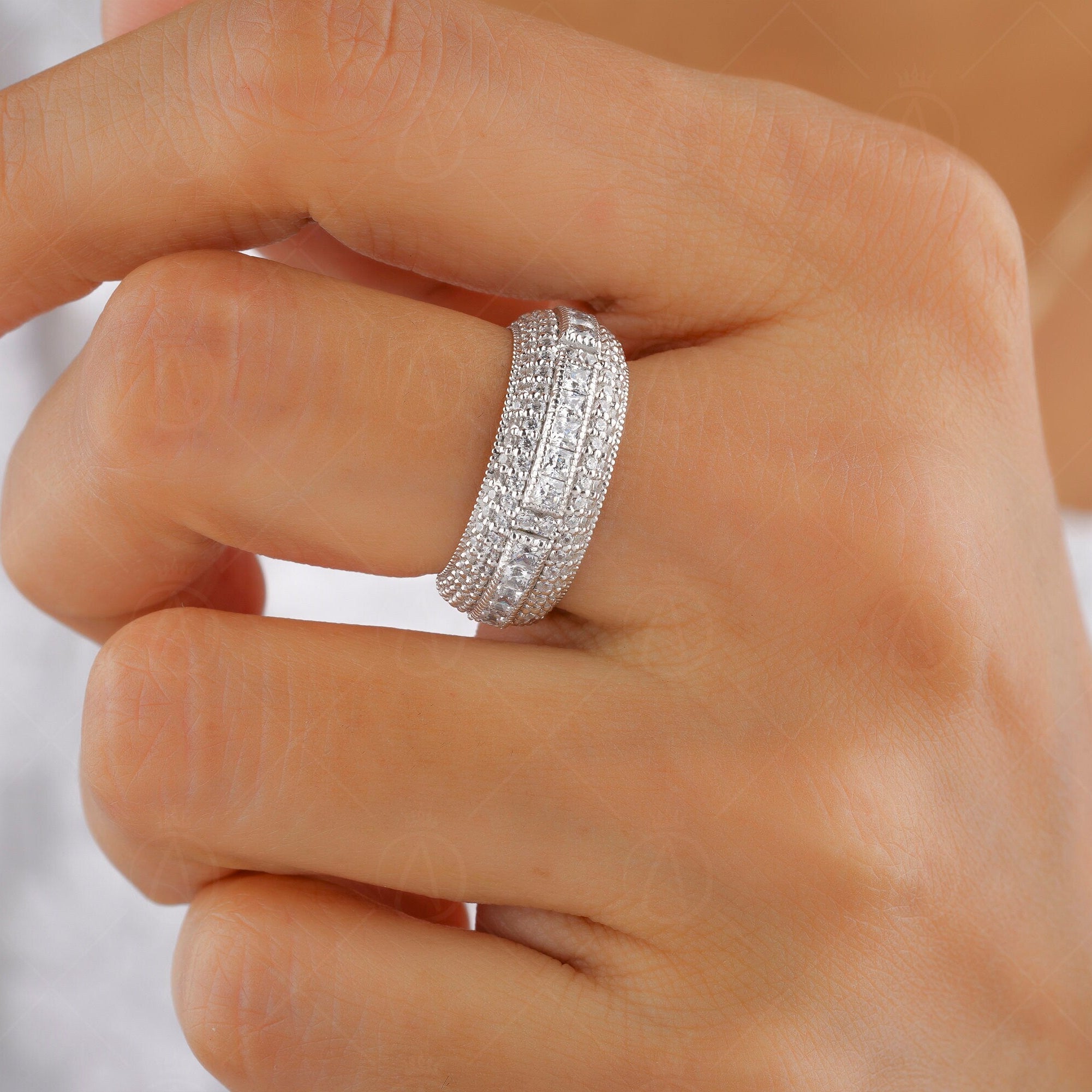 8mm Wide Band Rings For Women, Moissanite Anniversary Rings, Vintage Wedding Band Gold, Art Deco Promise Ring For Her, Milgrain Wide Band