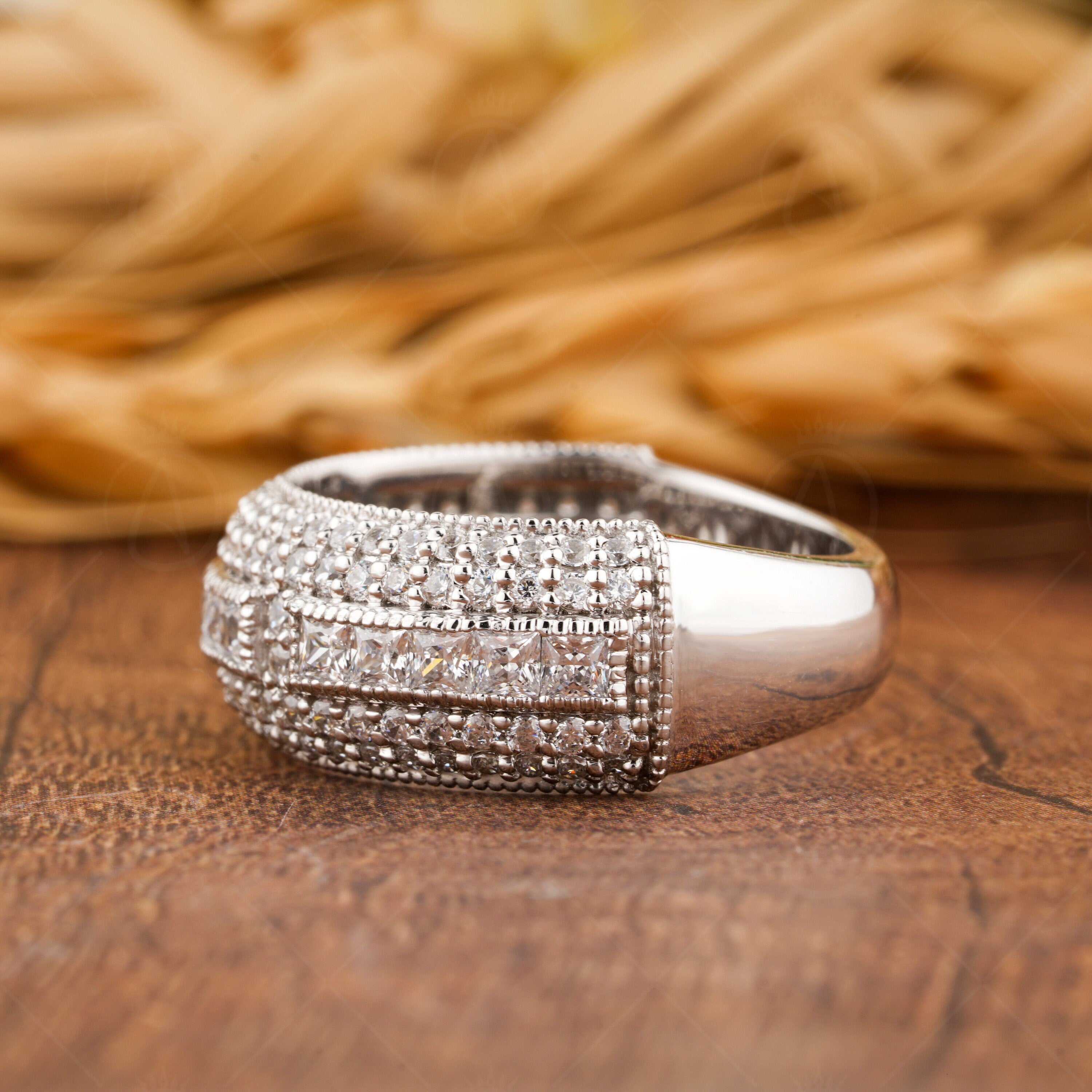 8mm Wide Band Rings For Women, Moissanite Anniversary Rings, Vintage Wedding Band Gold, Art Deco Promise Ring For Her, Milgrain Wide Band