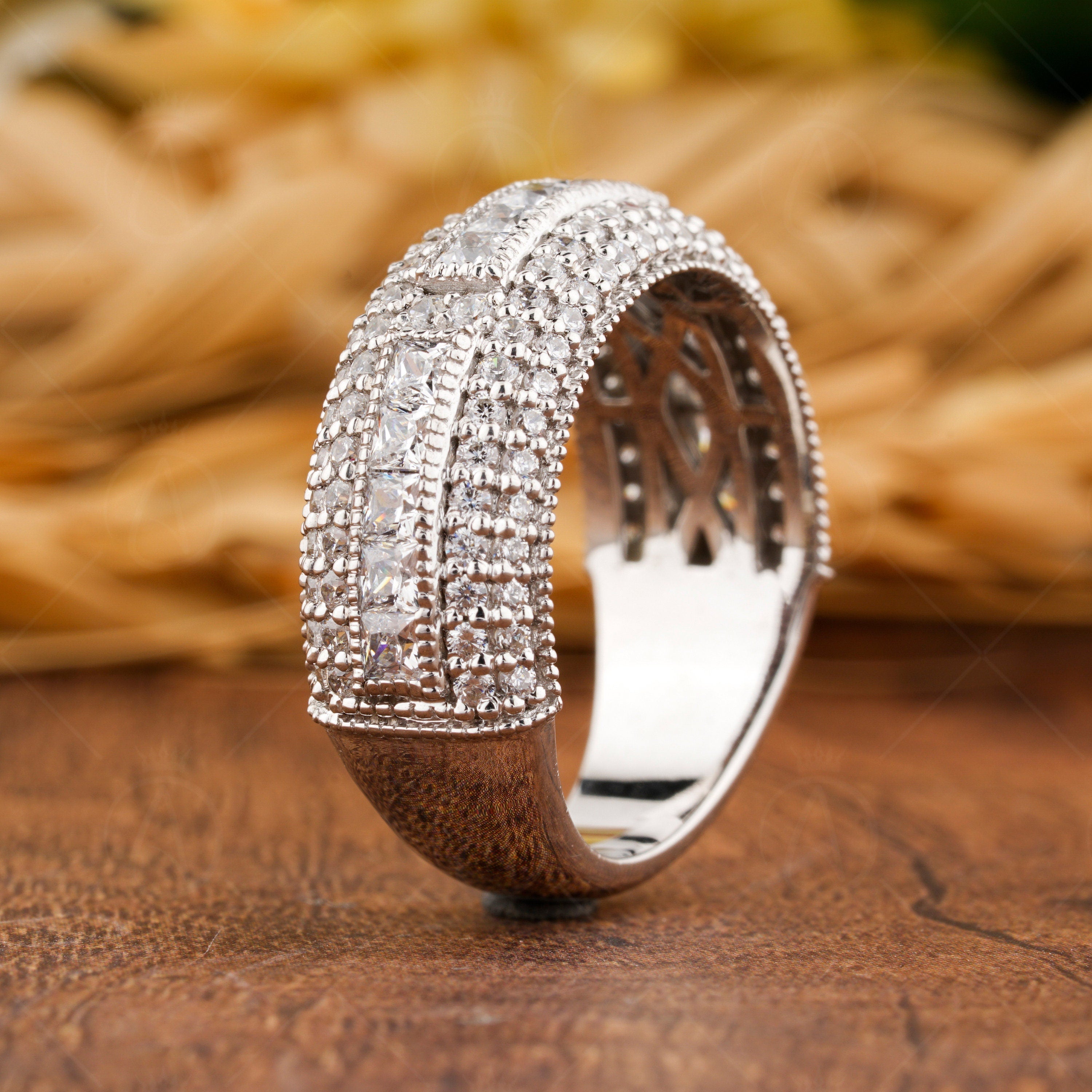 8mm Wide Band Rings For Women, Moissanite Anniversary Rings, Vintage Wedding Band Gold, Art Deco Promise Ring For Her, Milgrain Wide Band