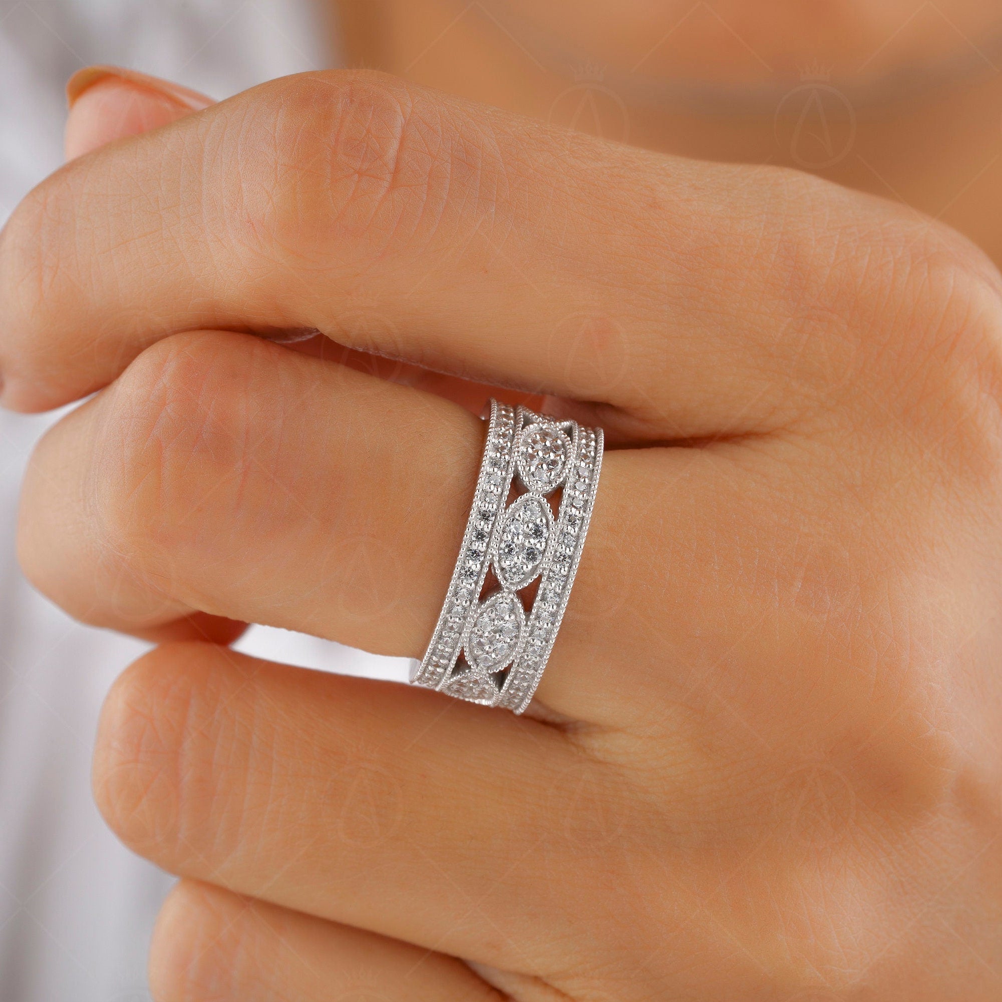 Vintage Filigree Anniversary Bands Women, Wide Full Eternity Band, Art Deco Moissanite Wedding Band Gold, Unique Thick Promise Ring For Her