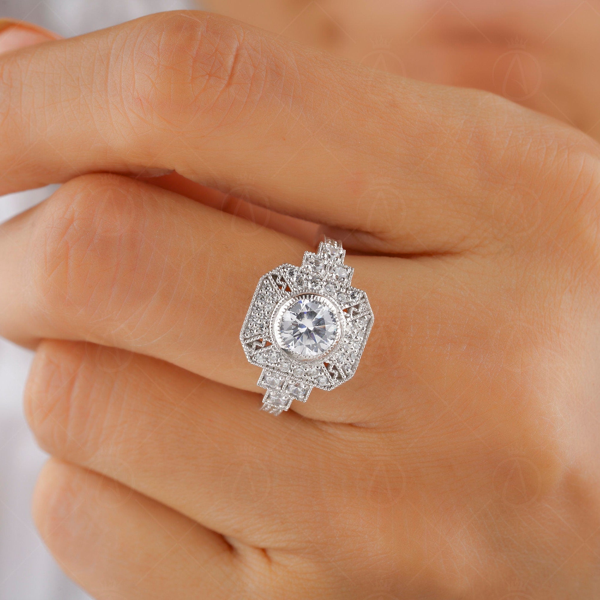 Milgrain Bezel Set Round Ring, Art Deco Moissanite Ring, Vintage Inspired Engagement Ring, Antique Style Ring For Women, Gold Estate Jewelry